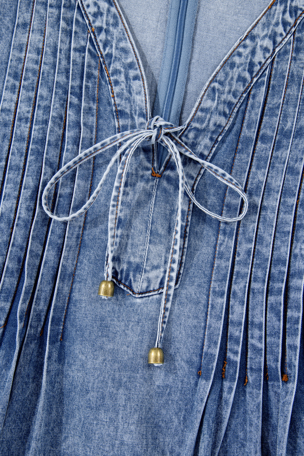 Beau Blue Tie V Neck Tucking Detail Short Sleeve Denim Shift Dress-TOPS / DRESSES-[Adult]-[Female]-2022 Online Blue Zone Planet