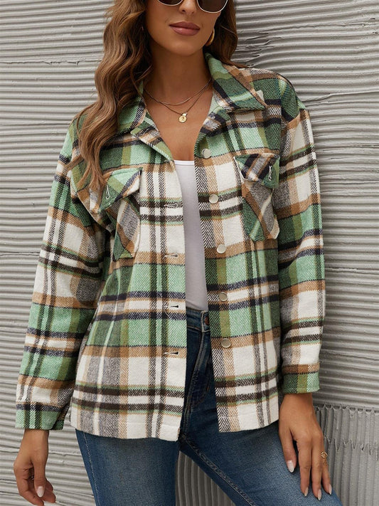 Plaid Collared Neck Long Sleeve Jacket-TOPS / DRESSES-[Adult]-[Female]-Green-S-2022 Online Blue Zone Planet