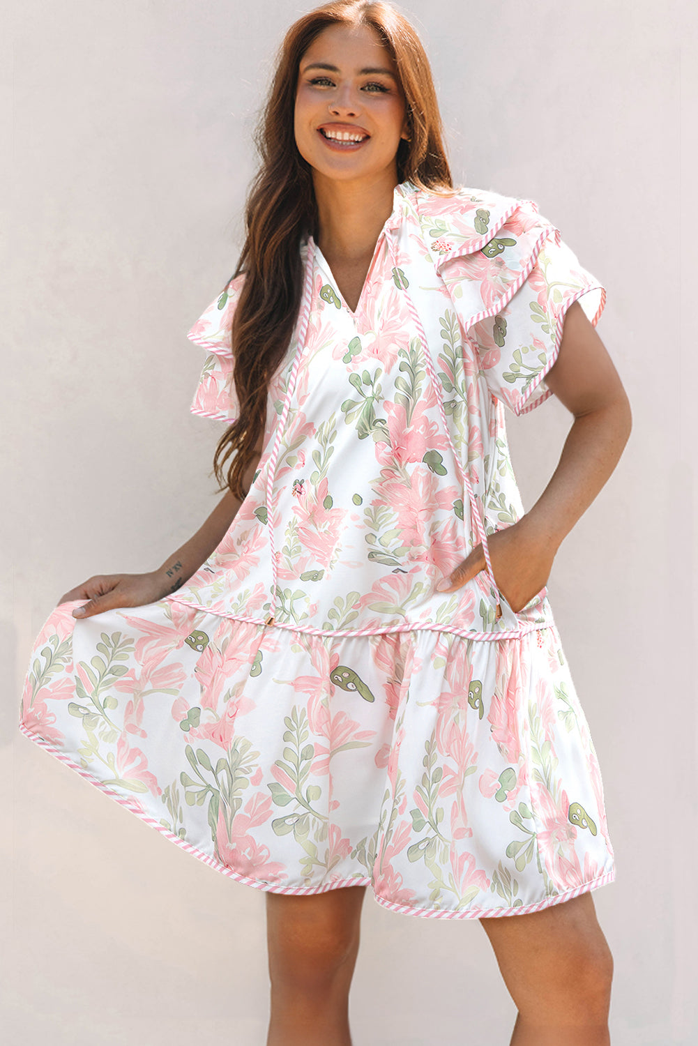 Pink Floral Contrast Edge Layered Short Sleeve Mini Dress-TOPS / DRESSES-[Adult]-[Female]-2022 Online Blue Zone Planet