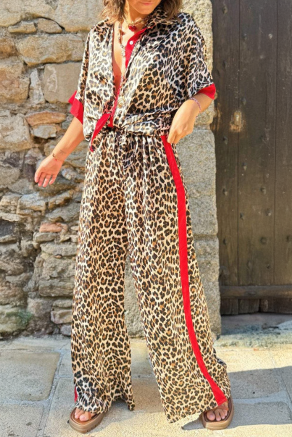 Multicolour Leopard Print Contrast Detail Short Sleeve Shirt And Loose Pants Set-Two Piece Sets/Pant Sets-[Adult]-[Female]-2022 Online Blue Zone Planet