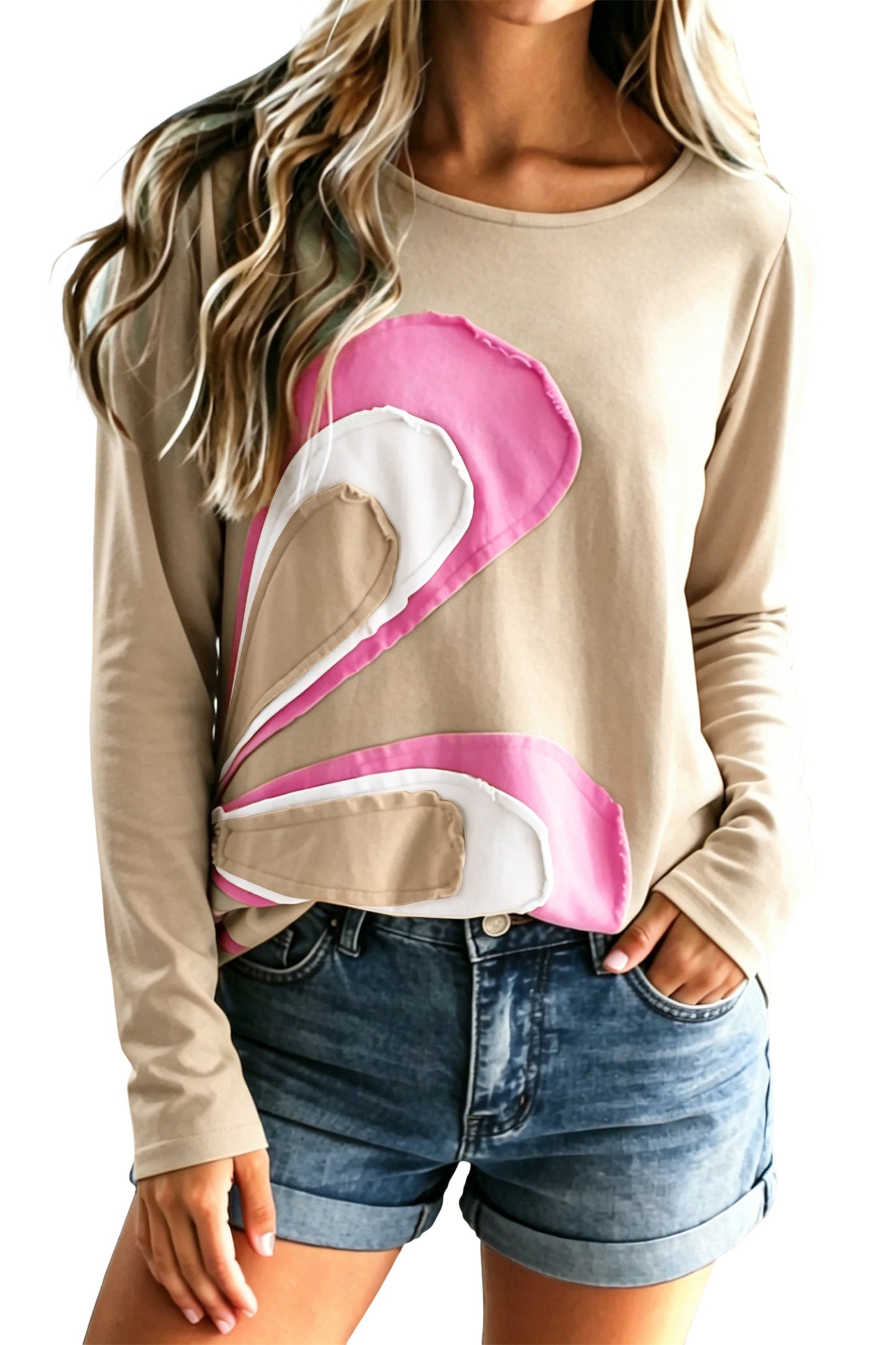 Pale Khaki Patchwork Long Sleeve Shift Top-Tops/Long Sleeve Tops-[Adult]-[Female]-2022 Online Blue Zone Planet