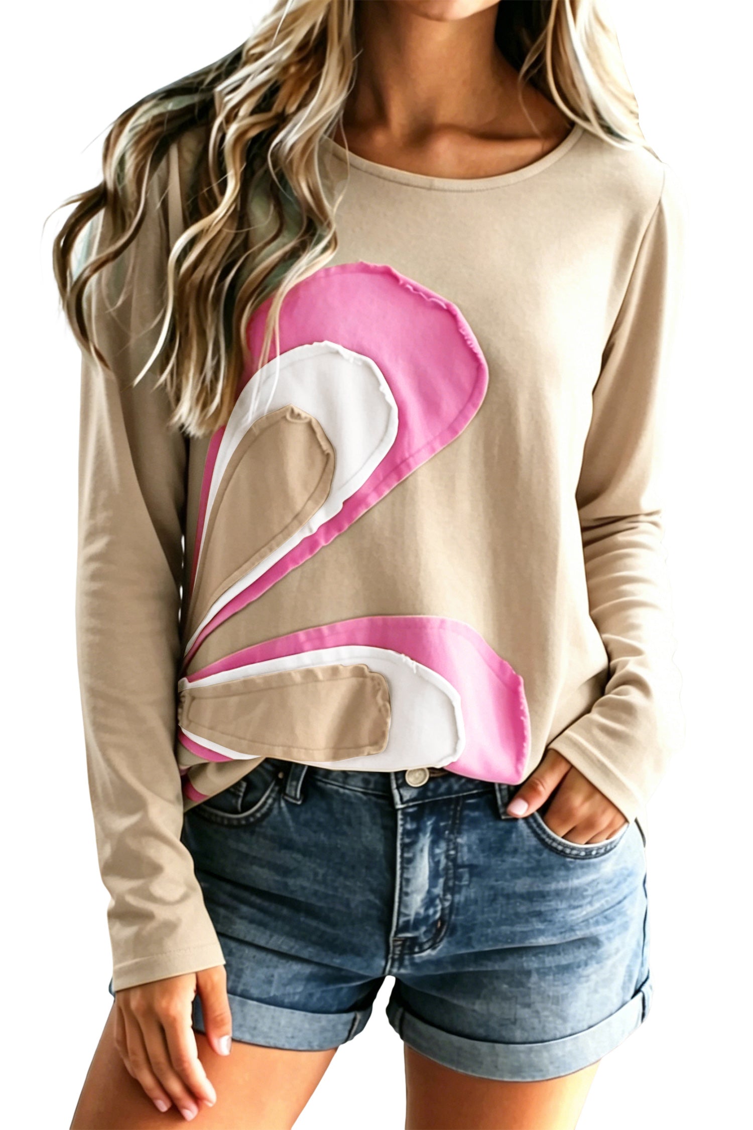 Pale Khaki Patchwork Long Sleeve Shift Top-Tops/Long Sleeve Tops-[Adult]-[Female]-2022 Online Blue Zone Planet
