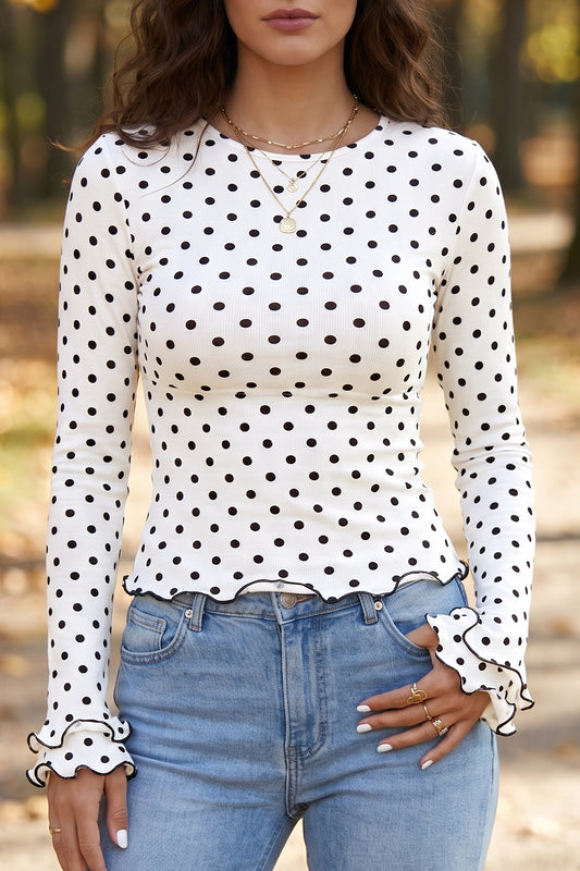 Black Polka Dot Print Lettuce Trim Long Sleeve Top-Tops/Long Sleeve Tops-[Adult]-[Female]-Black-S-2022 Online Blue Zone Planet