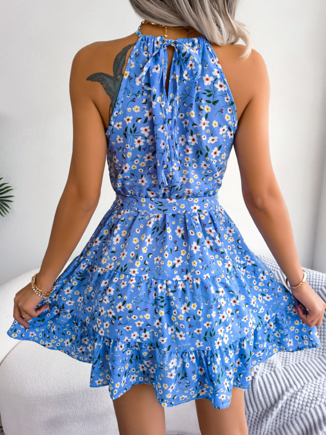 Tied Printed Grecian Neck Mini Dress-TOPS / DRESSES-[Adult]-[Female]-2022 Online Blue Zone Planet