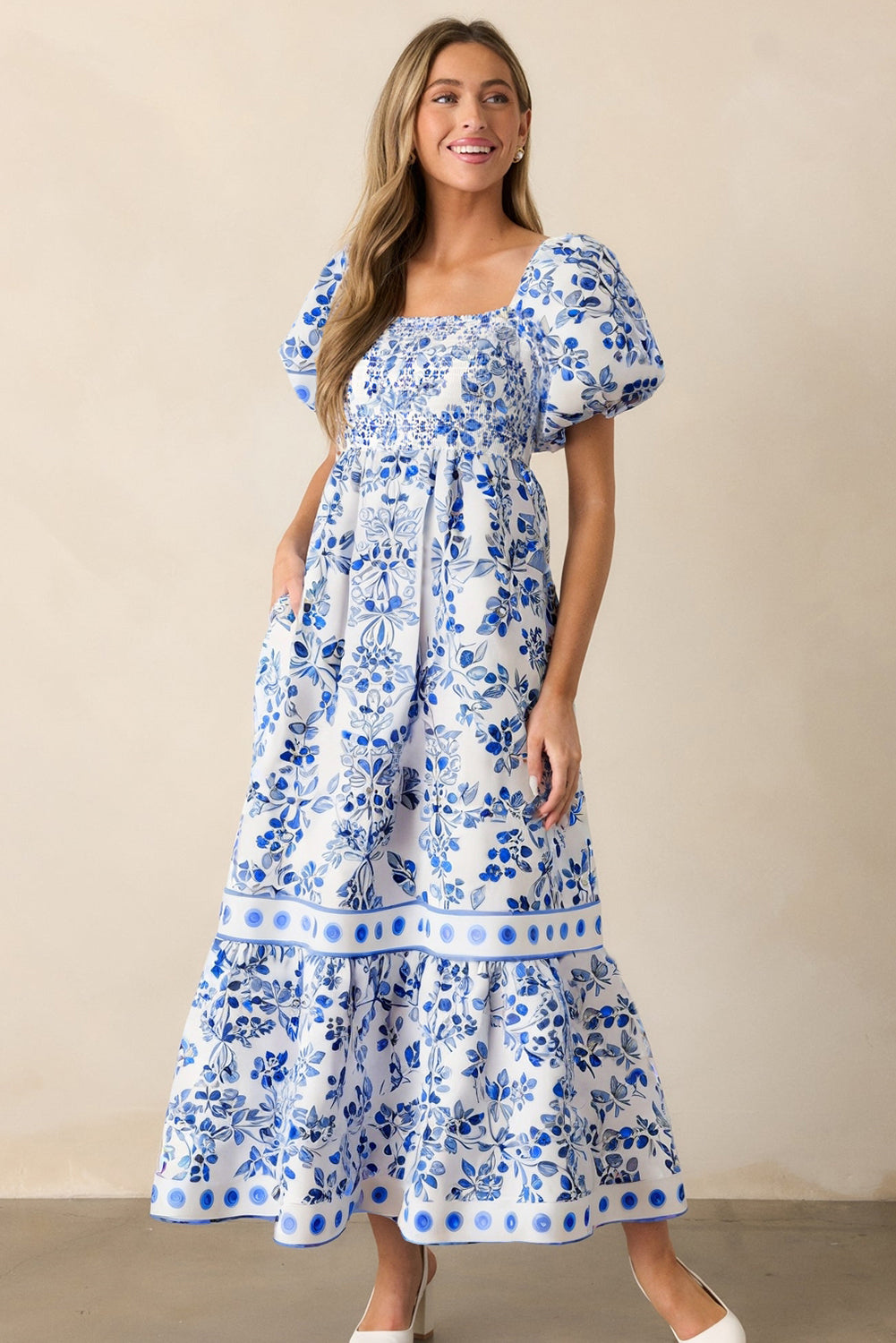 Sky Blue Floral Print Square Neck Bubble Sleeve High Waist Maxi Dress-Dresses/Maxi Dresses-[Adult]-[Female]-2022 Online Blue Zone Planet