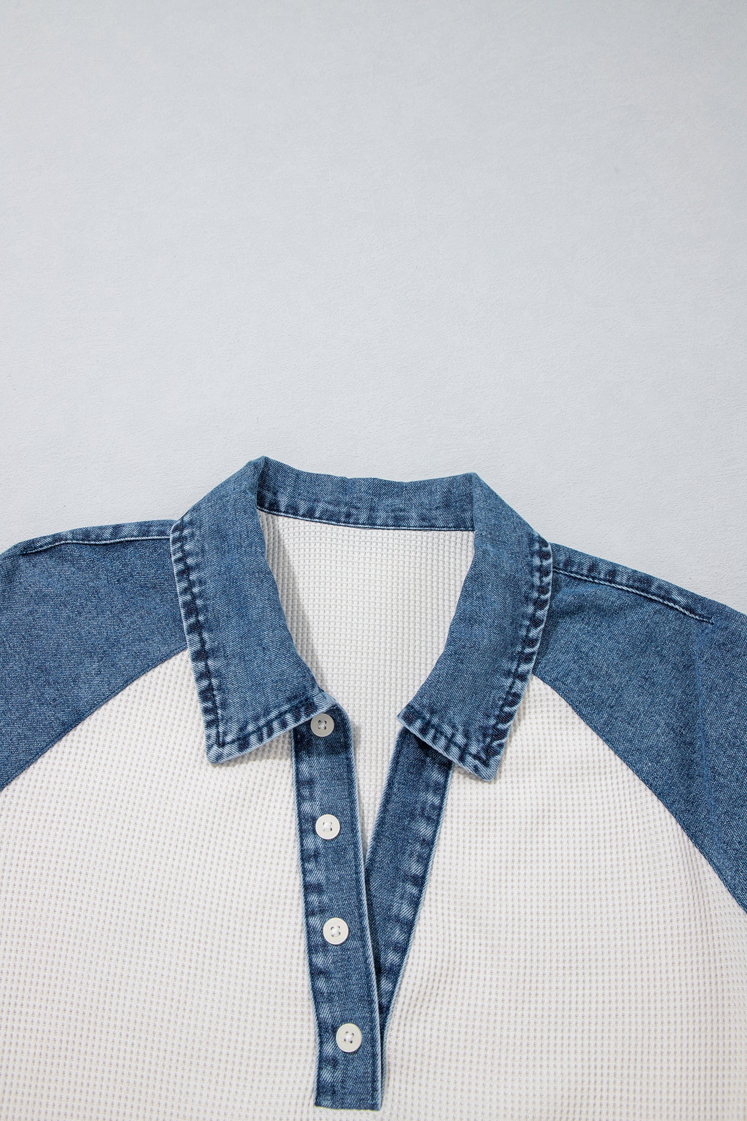 White Textured Color Block Denim Patchwork Polo Collar Tee-Tops/Tops & Tees-[Adult]-[Female]-2022 Online Blue Zone Planet