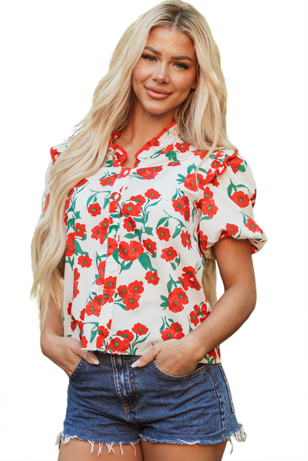 Red Floral Print Ruffled Puff Sleeve Elegant Summer Shirt-Tops/Blouses & Shirts-[Adult]-[Female]-2022 Online Blue Zone Planet
