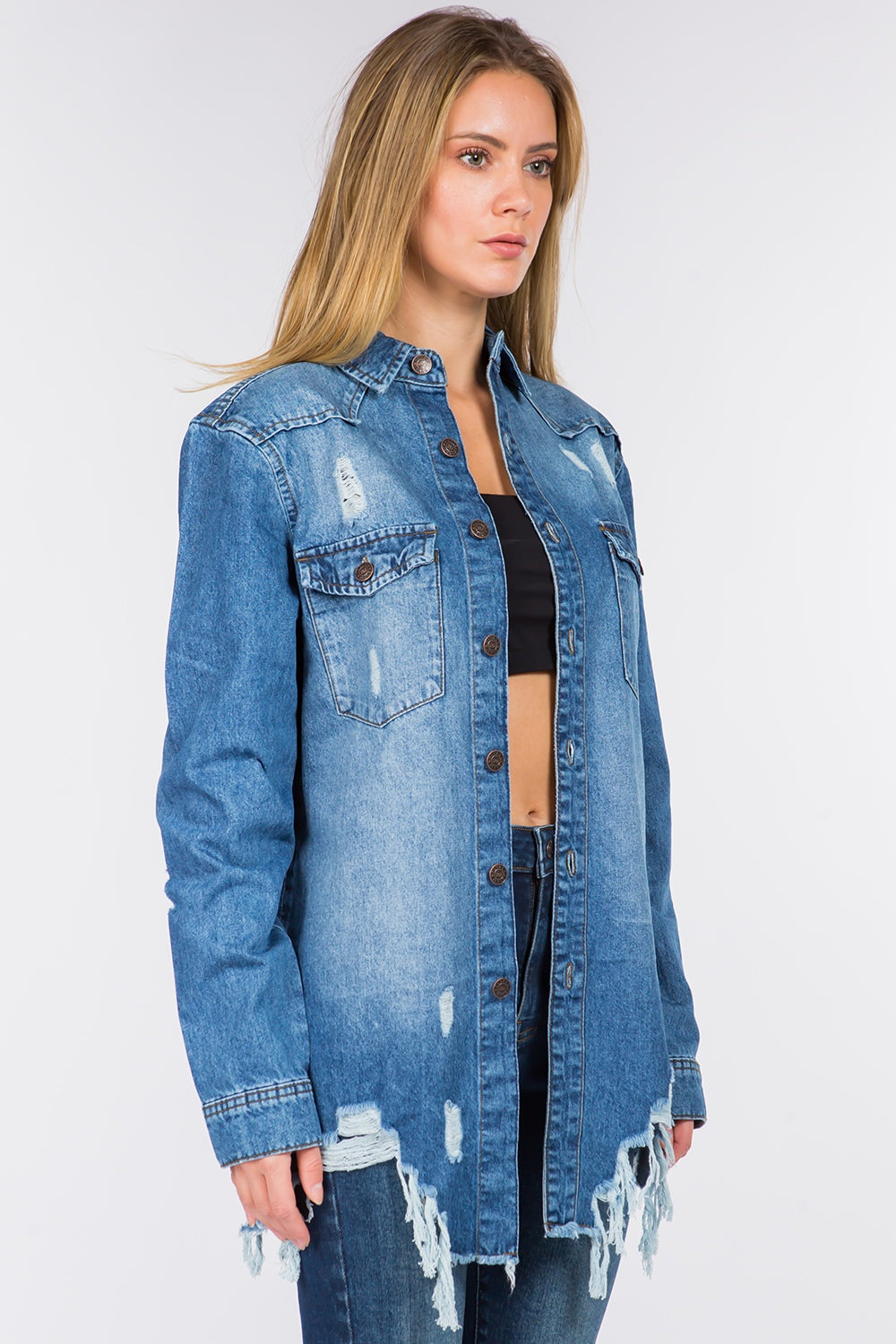 Blue Zone Planet | American Bazi Distressed Frayed Hem Denim Jacket-TOPS / DRESSES-[Adult]-[Female]-2022 Online Blue Zone Planet