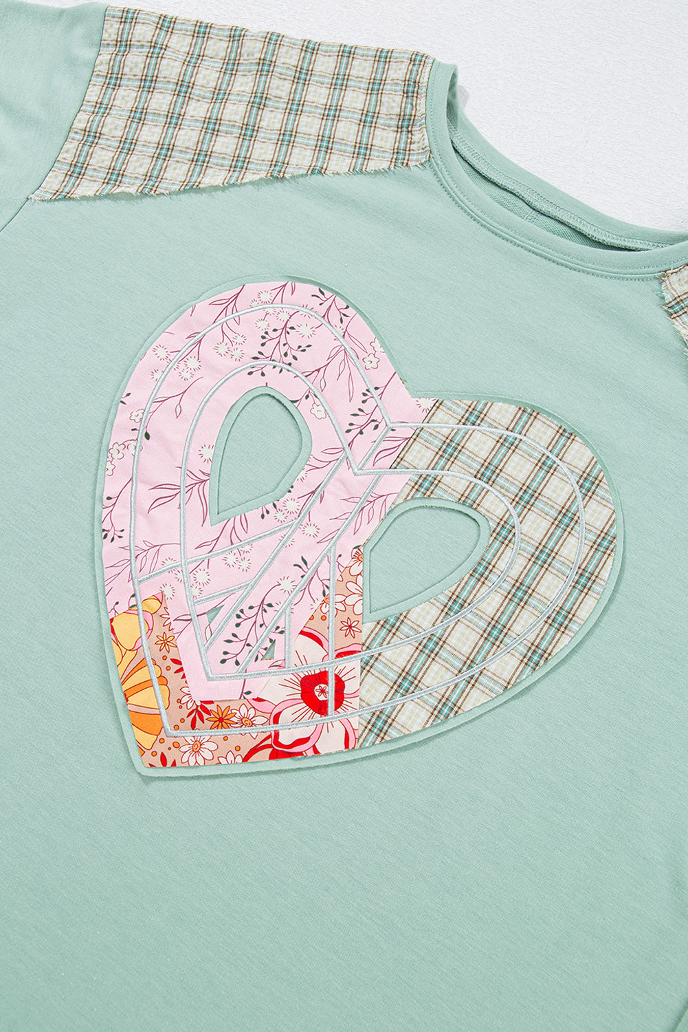 Aqua Plaid Floral Patchwork Heart Long Sleeve Top