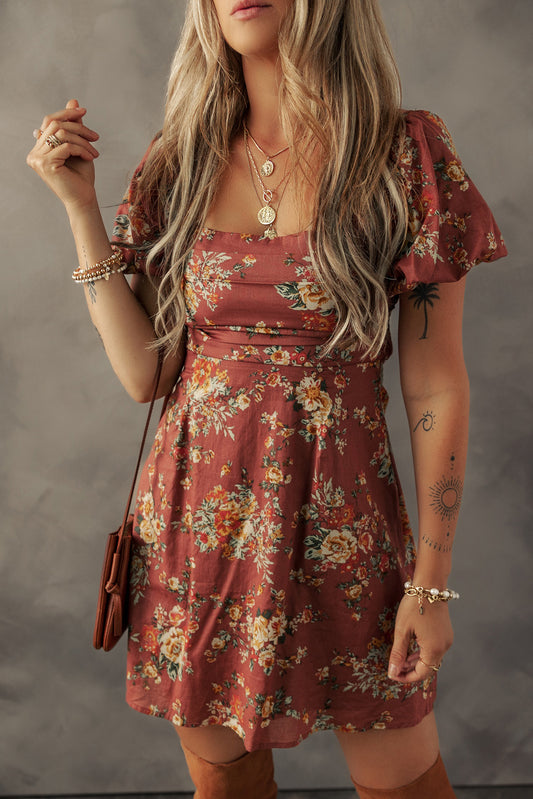 Red Floral Puff Sleeve Square Neck Knot Open Back Mini Dress-TOPS / DRESSES-[Adult]-[Female]-Red-S-2022 Online Blue Zone Planet