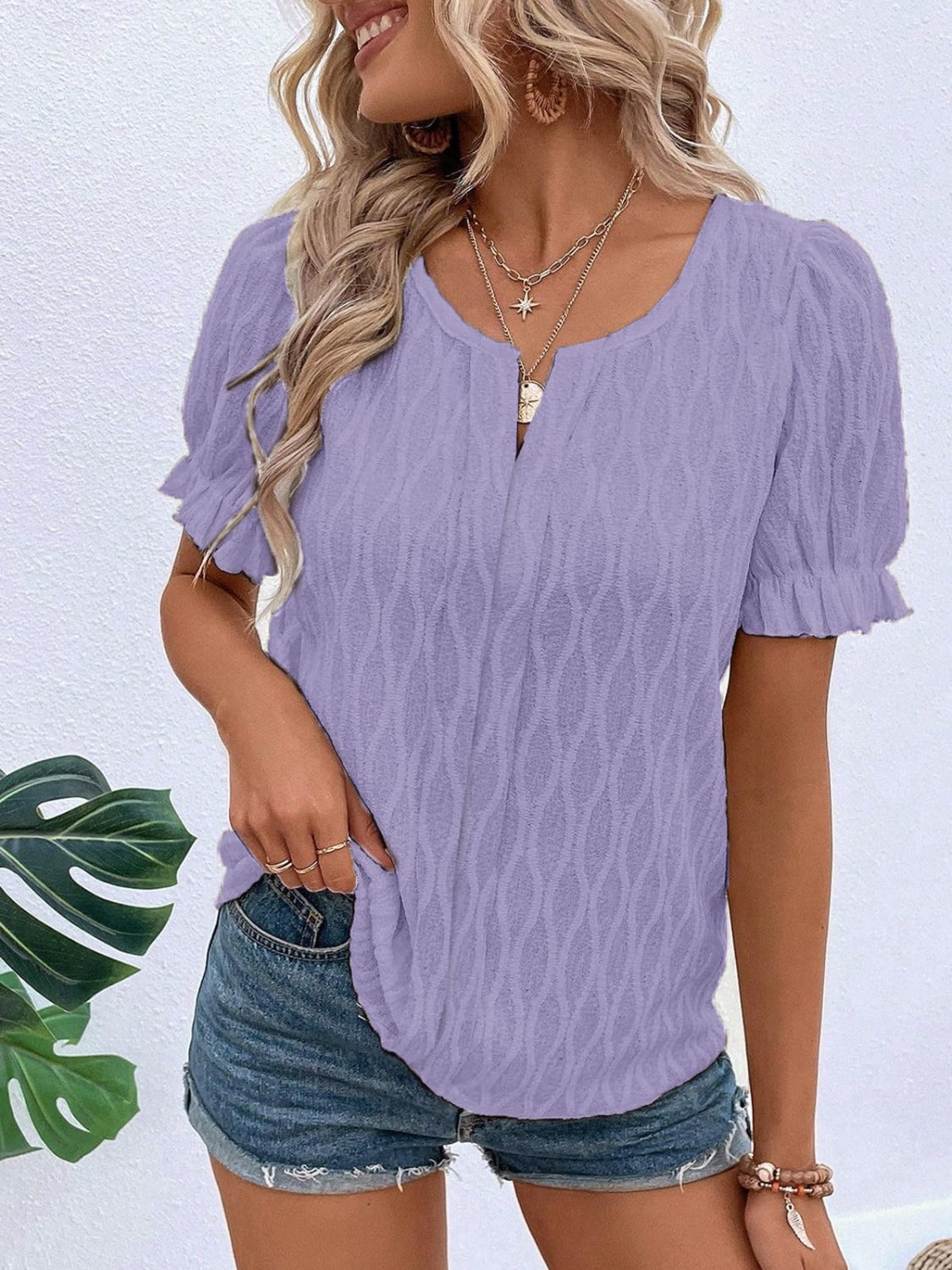 Ruffled Notched Short Sleeve T-Shirt-TOPS / DRESSES-[Adult]-[Female]-Lavender-S-2022 Online Blue Zone Planet