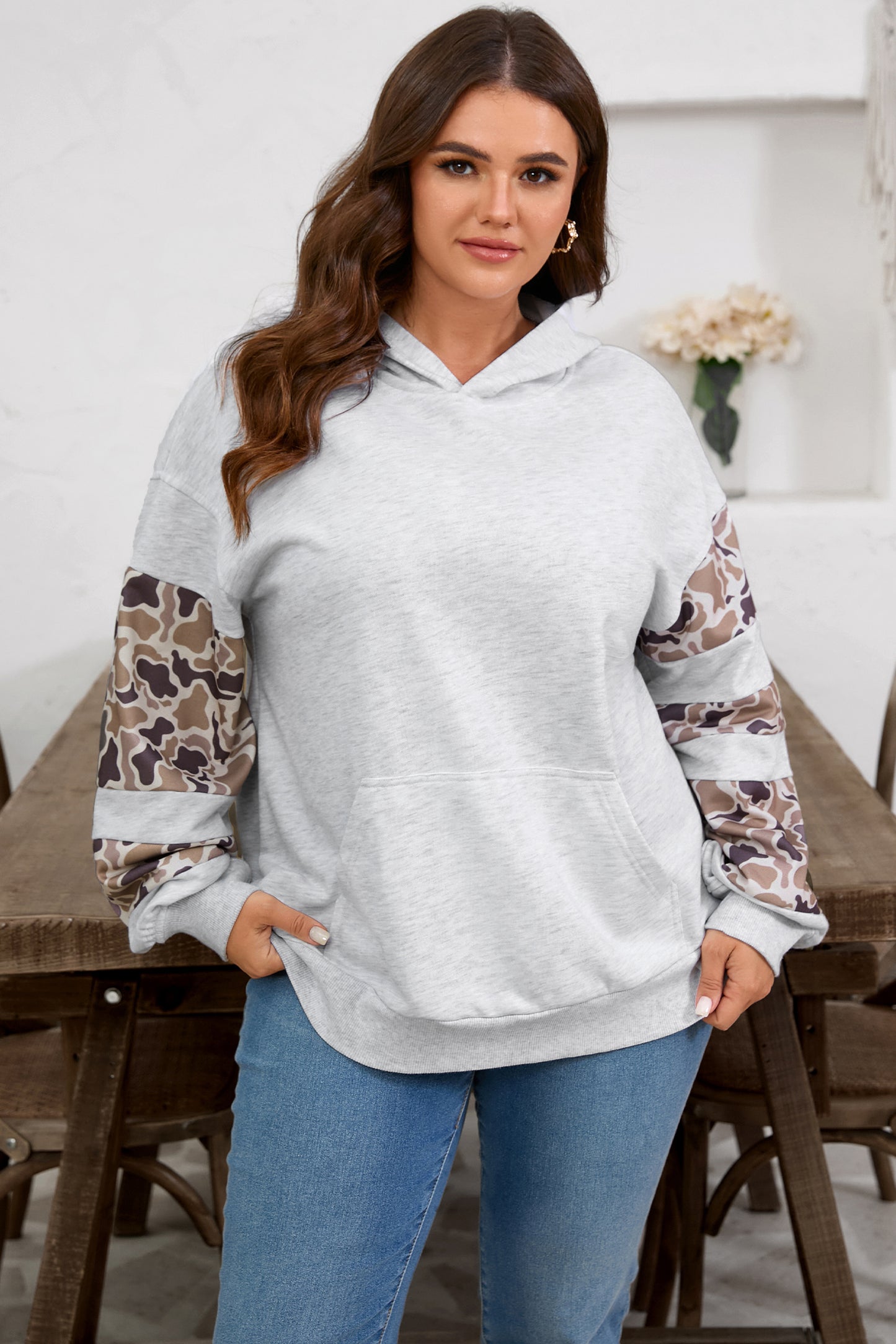 Light Grey Camouflage Patchwork Asymmetric Sleeve Plus Size Hoodie-Tops / Dresses-[Adult]-[Female]-2022 Online Blue Zone Planet