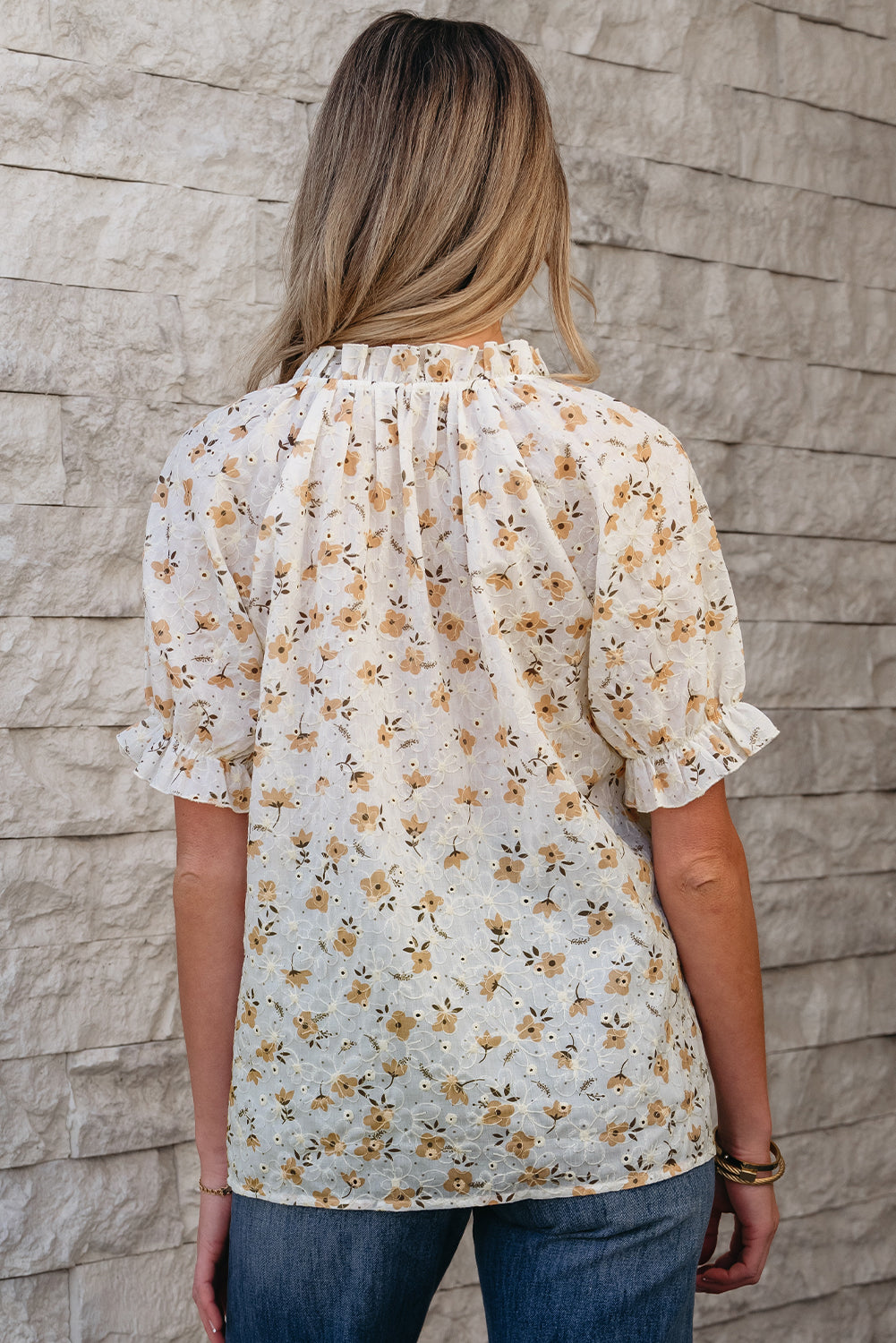 White Floral Eyelet Embroidered Puff Sleeve Notch V Neck Blouse-Tops/Blouses & Shirts-[Adult]-[Female]-2022 Online Blue Zone Planet