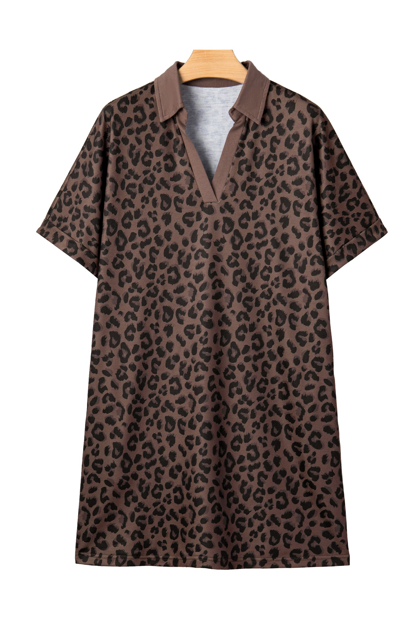 Brown Leopard Print Contrast Collar V-Neck Mini Dress-Dresses/Mini Dresses-[Adult]-[Female]-2022 Online Blue Zone Planet