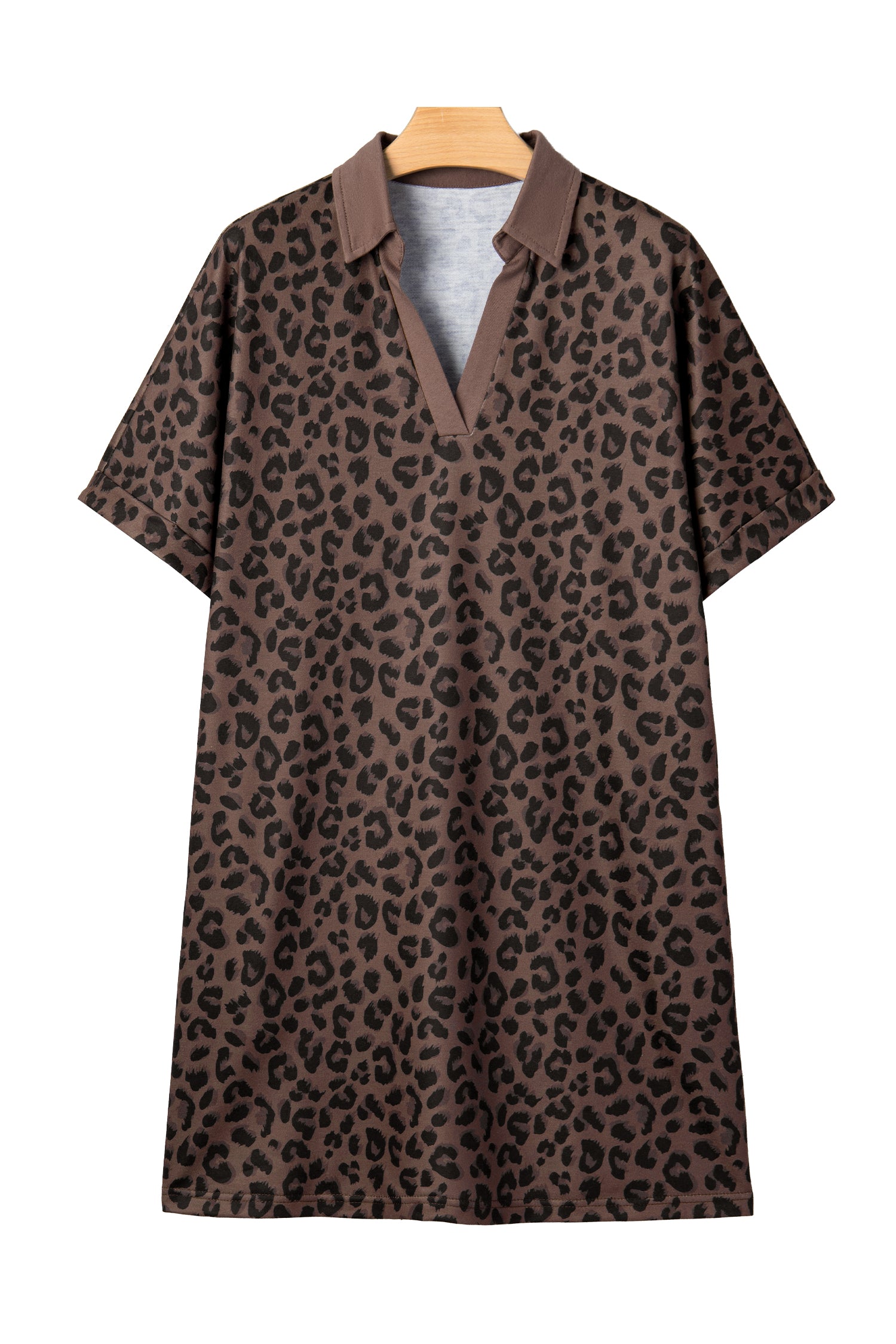 Brown Leopard Print Contrast Collar V-Neck Mini Dress-Dresses/Mini Dresses-[Adult]-[Female]-2022 Online Blue Zone Planet