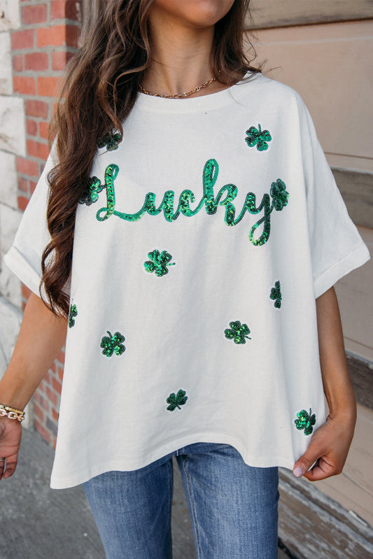 White St Patrick Lucky Clover Sequin Graphic T Shirt-T Shirts-[Adult]-[Female]-White-S-2022 Online Blue Zone Planet