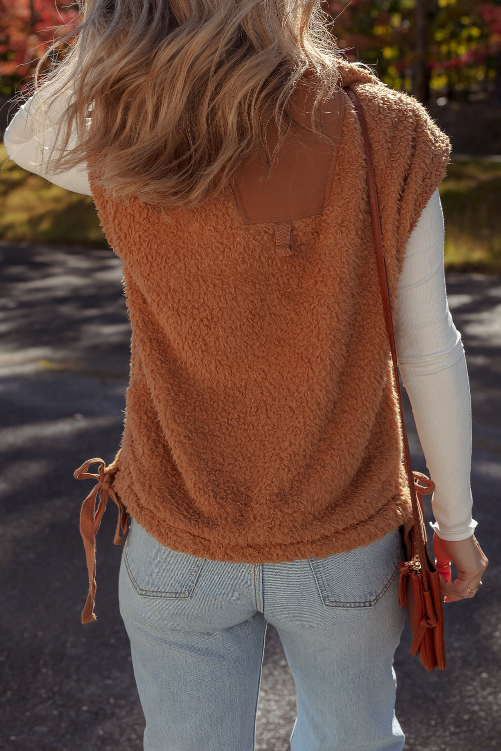 Cinnamon Faux Fur Snap Button Front Knot Side Plush Vest With Pockets