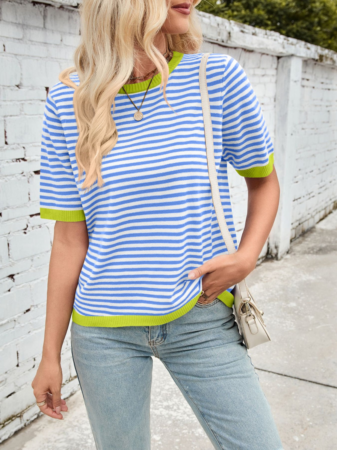 Lovelet Striped Contrast Round Neck Half Sleeve Knit Top-TOPS / DRESSES-[Adult]-[Female]-2022 Online Blue Zone Planet