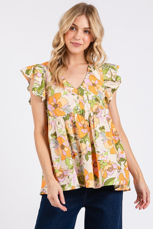 Mittoshop Floral V-Neck Ruffled Cap Sleeve Blouse-TOPS / DRESSES-[Adult]-[Female]-Tangerine-S-2022 Online Blue Zone Planet
