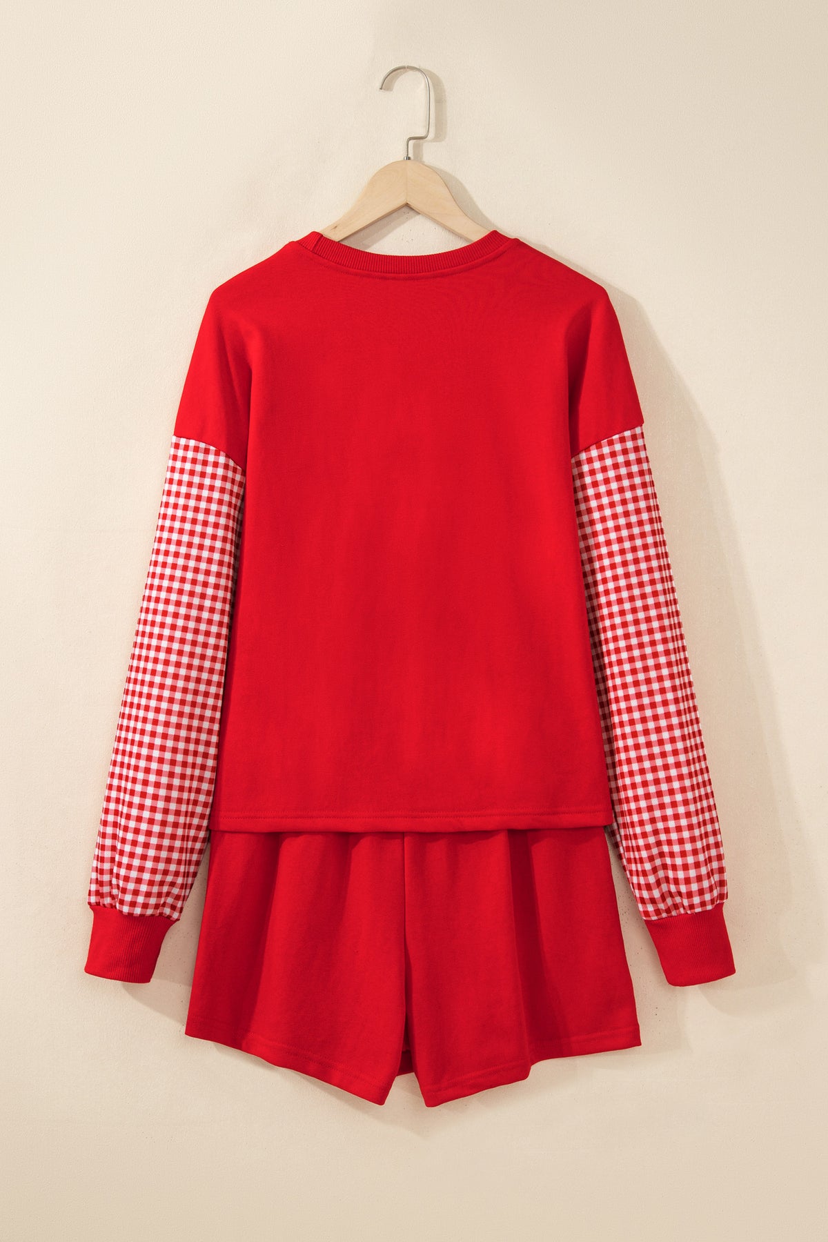 Red Plaid Patchwork Long Sleeve Top Solid Drawstring Shorts Set-Two Piece Sets/Short Sets-[Adult]-[Female]-2022 Online Blue Zone Planet