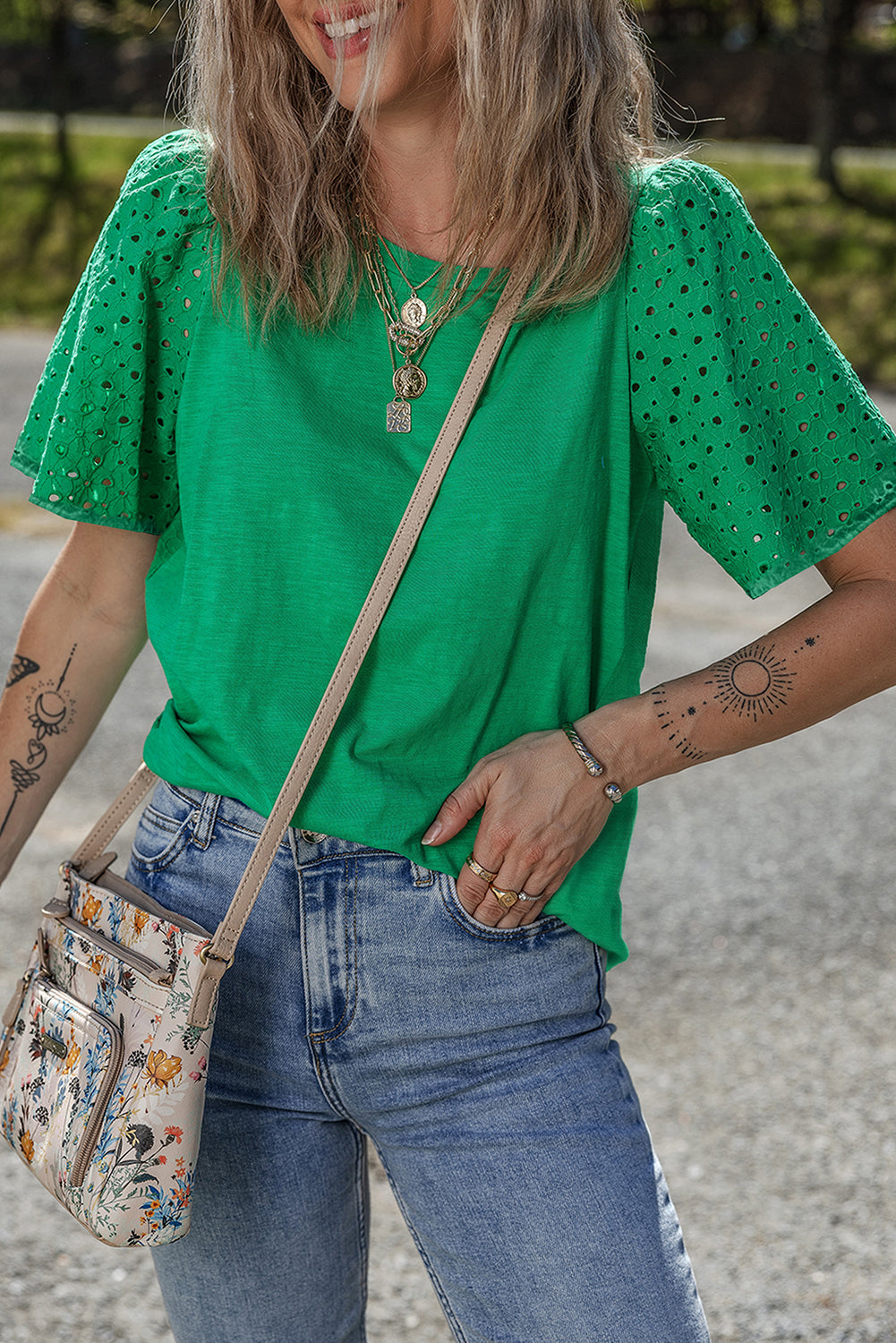 Bright Green Eyelet Embroidered Patchwork Shift Top-Tops/Tops & Tees-[Adult]-[Female]-Bright Green-S-2022 Online Blue Zone Planet