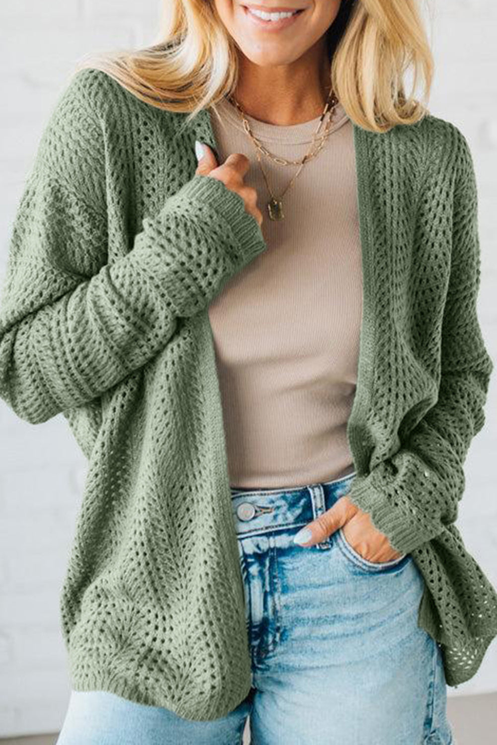 Green Bay Scalloped Edge Eyelet Knit Batwing Sleeve Cardigan-Sweaters & Cardigans/Cardigans-[Adult]-[Female]-Green Bay-S-2022 Online Blue Zone Planet