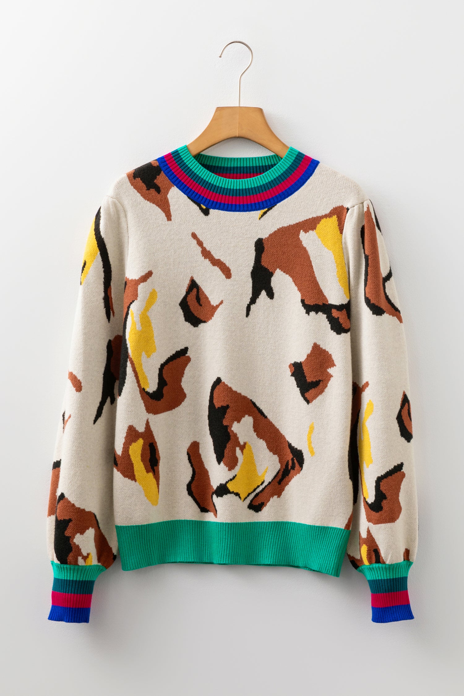 Apricot Contrast Ribbed Stripes Detail Animal Pattern Knit Sweater-TOPS / DRESSES-[Adult]-[Female]-2022 Online Blue Zone Planet