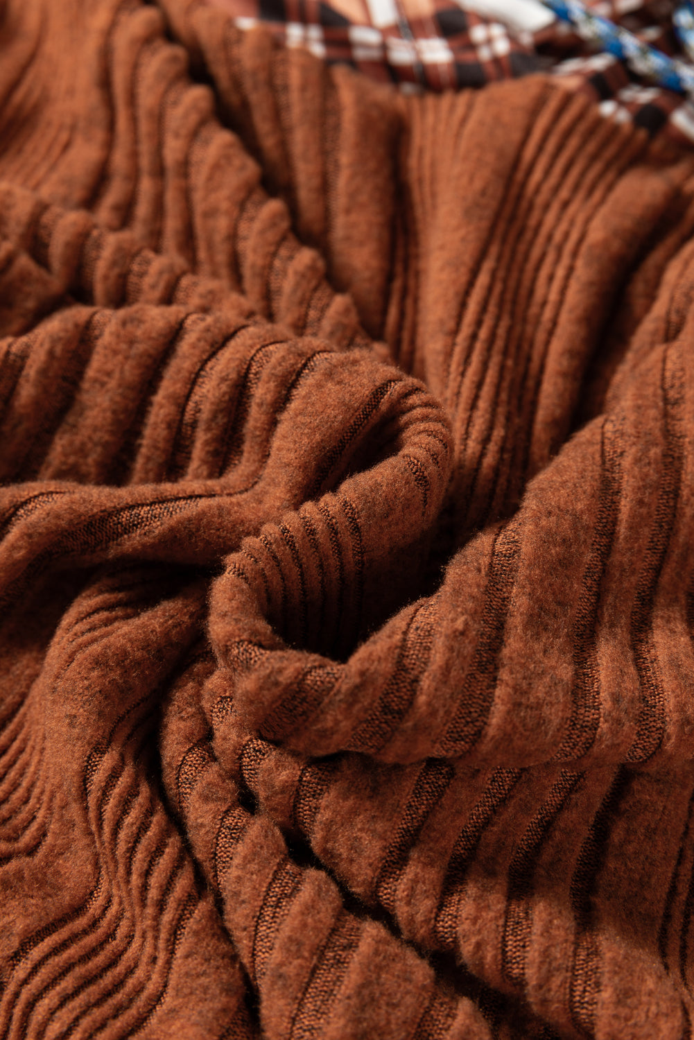 Chestnut Plaid Patchwork Ribbed Knit Drawstring Hooded Top-Tops / Dresses-[Adult]-[Female]-2022 Online Blue Zone Planet