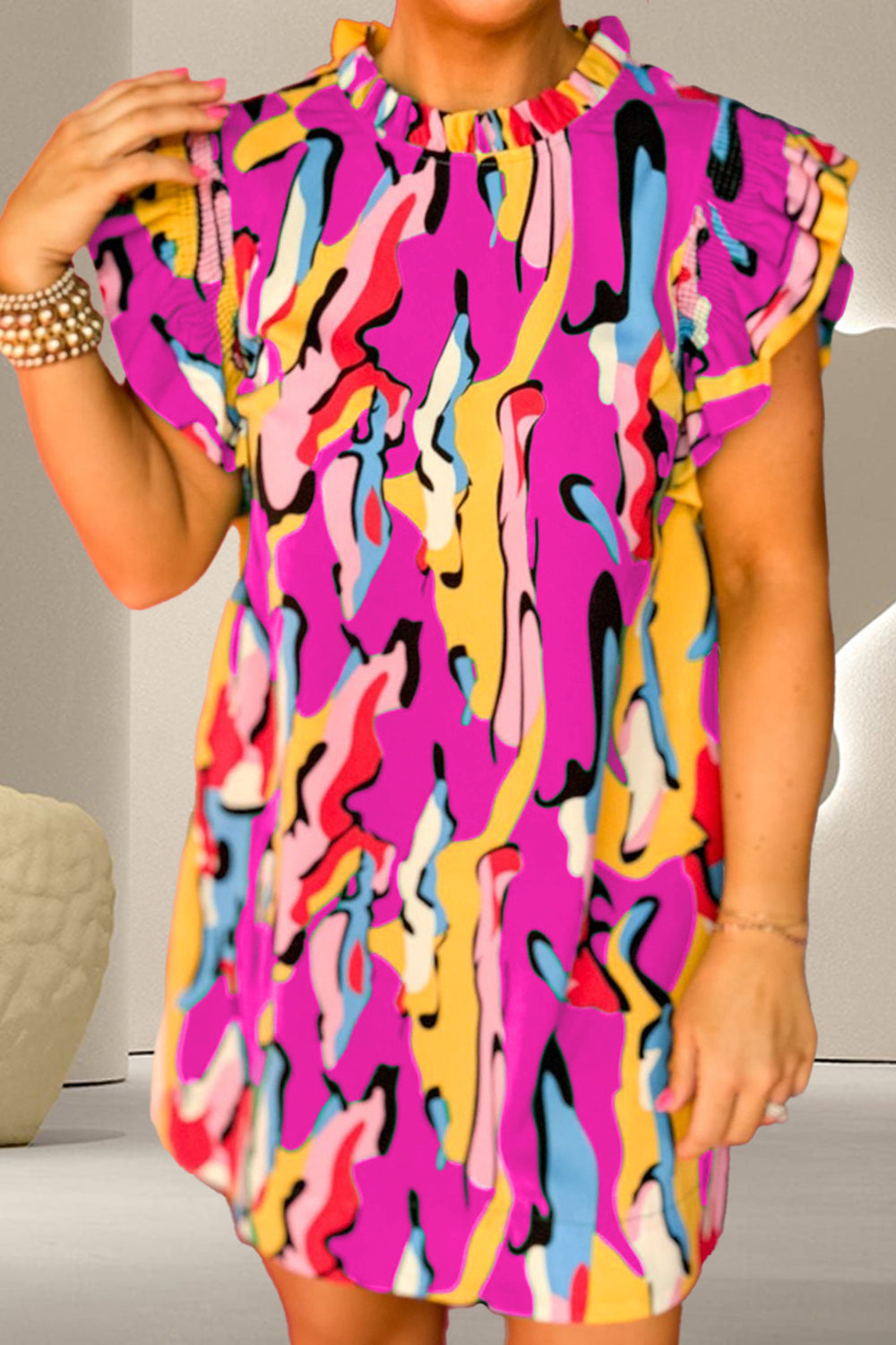 Ruffled Printed Cap Sleeve Mini Dress-TOPS / DRESSES-[Adult]-[Female]-Hot Pink-S-2022 Online Blue Zone Planet