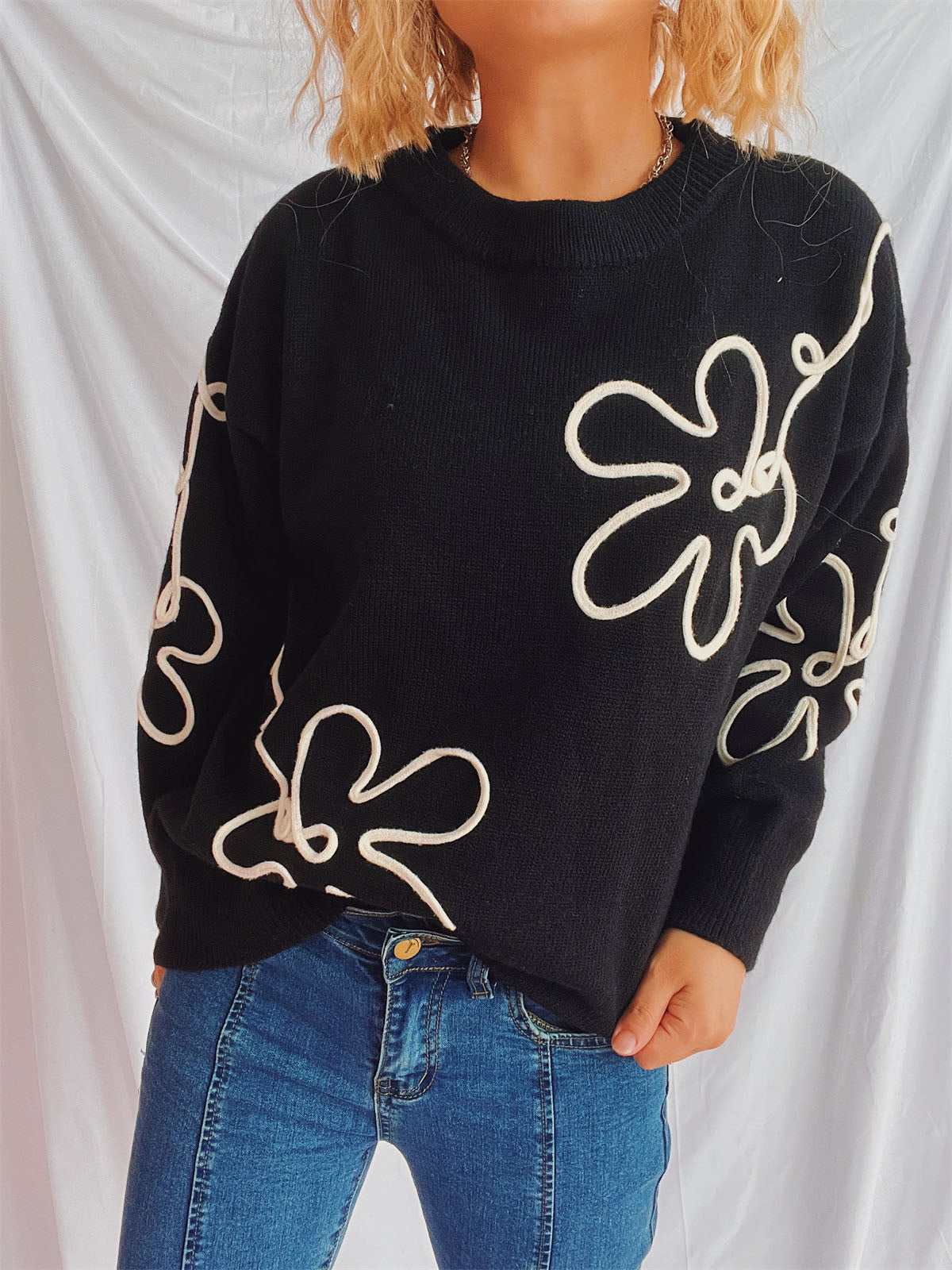 Flower Round Neck Long Sleeve Sweater-TOPS / DRESSES-[Adult]-[Female]-2022 Online Blue Zone Planet