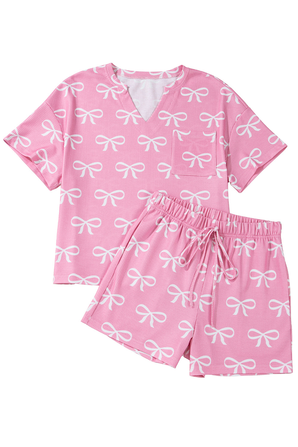 Blue Zone Planet | Pink Waffle Knit Bowknot Printed V Neck T Shirt And Shorts Set-Two Piece Shorts Sets-[Adult]-[Female]-2022 Online Blue Zone Planet