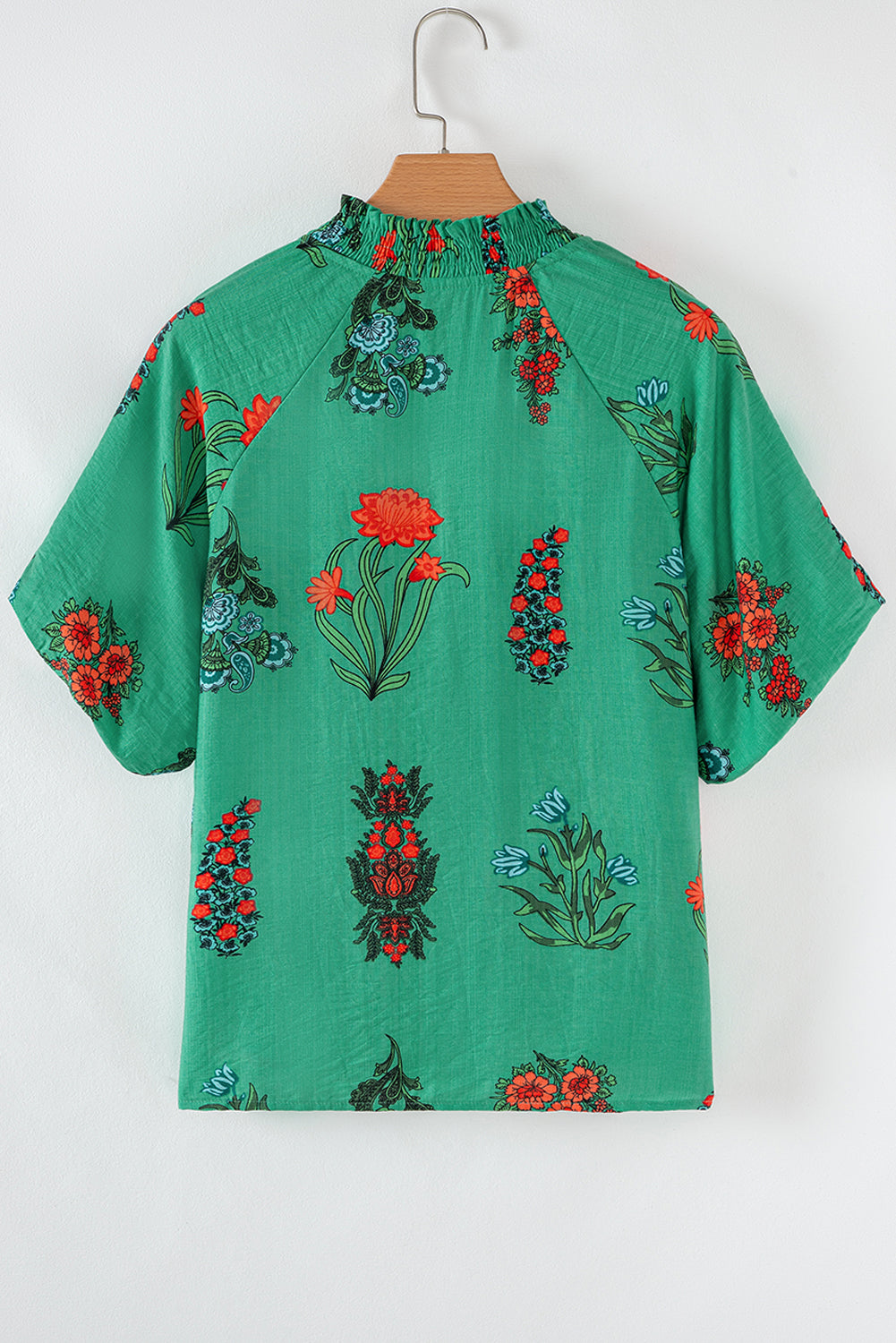 Bright Green Floral Print Buttoned V Neck Short Sleeve Blouse-Tops/Blouses & Shirts-[Adult]-[Female]-2022 Online Blue Zone Planet