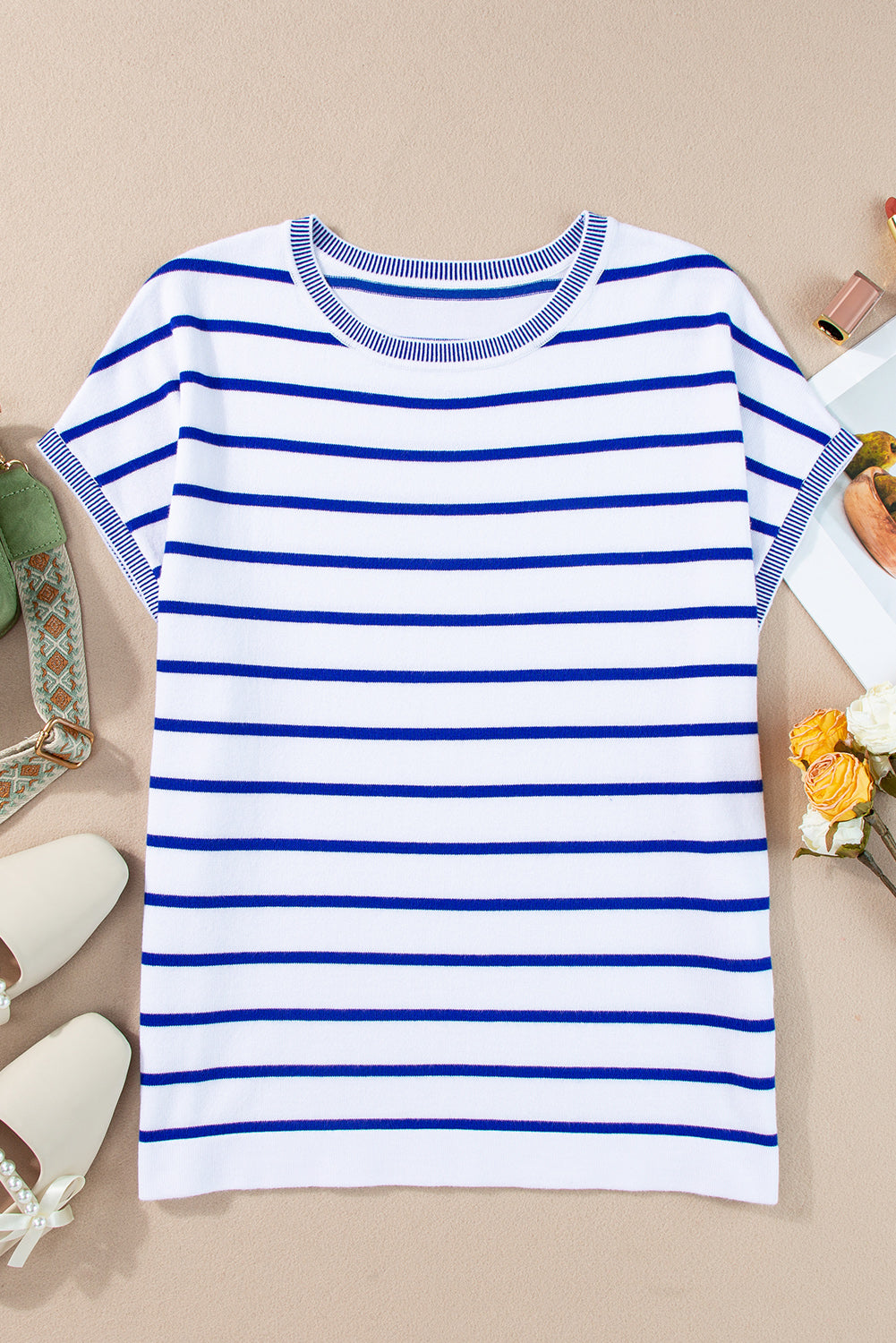 Striped Round Neck Cap Sleeve Knit Top-TOPS / DRESSES-[Adult]-[Female]-2022 Online Blue Zone Planet