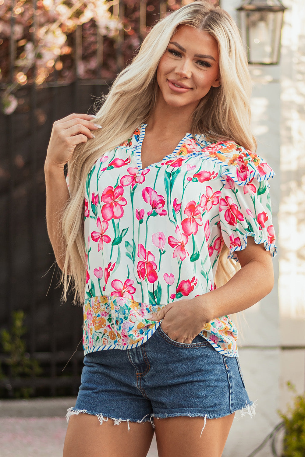 Pink Floral Print Striped Detail Split Neck Short Sleeve Blouse-Tops/Blouses & Shirts-[Adult]-[Female]-2022 Online Blue Zone Planet
