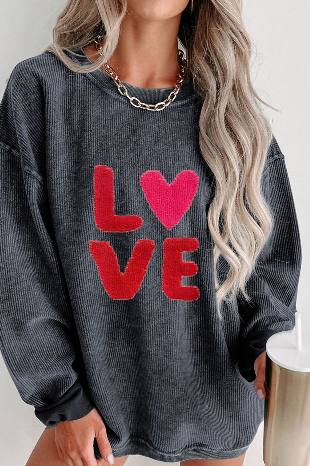 Blue Zone Planet | Valentine’s Day LOVE Round Neck Long Sleeve Sweatshirt-TOPS / DRESSES-[Adult]-[Female]-Dark Gray-S-2022 Online Blue Zone Planet