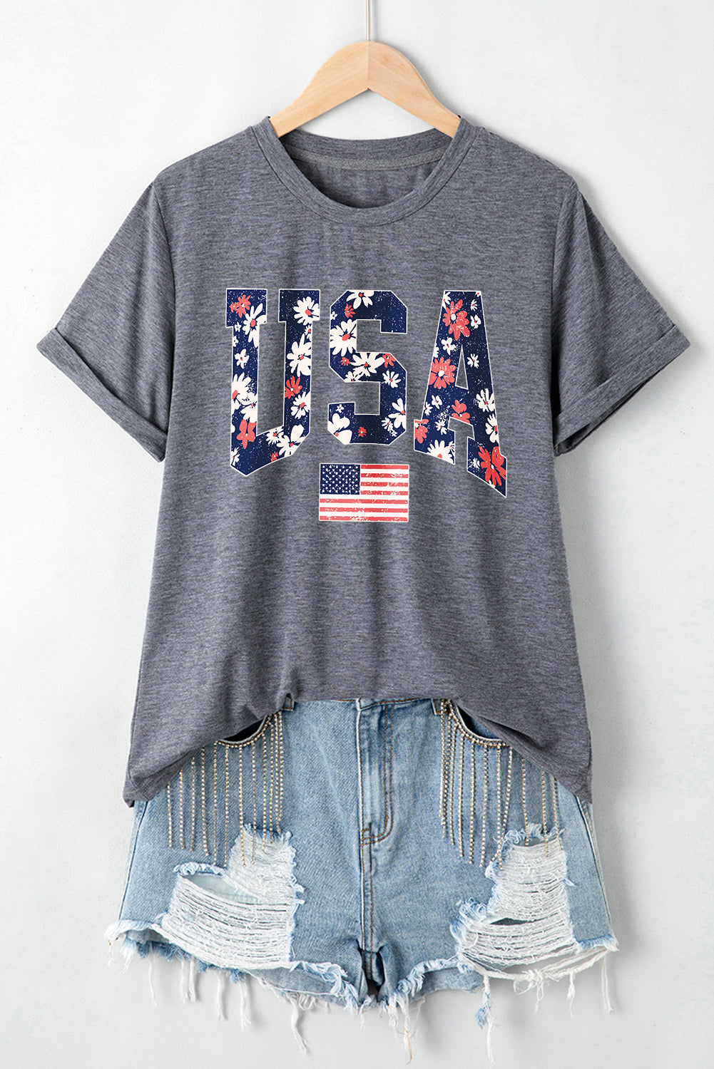 Gray Blooming USA Flag Print Casual T Shirt-Graphic/Graphic Tees-[Adult]-[Female]-2022 Online Blue Zone Planet