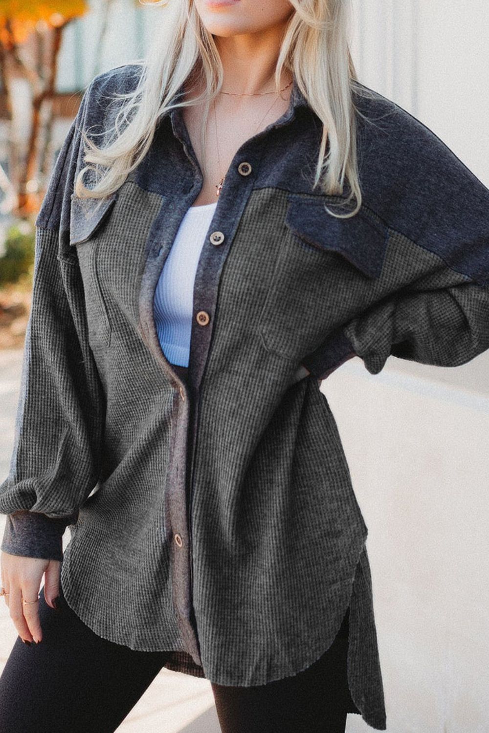 Waffle Knit Button Up Drop Shoulder Jacket-TOPS / DRESSES-[Adult]-[Female]-Dark Gray-S-2022 Online Blue Zone Planet