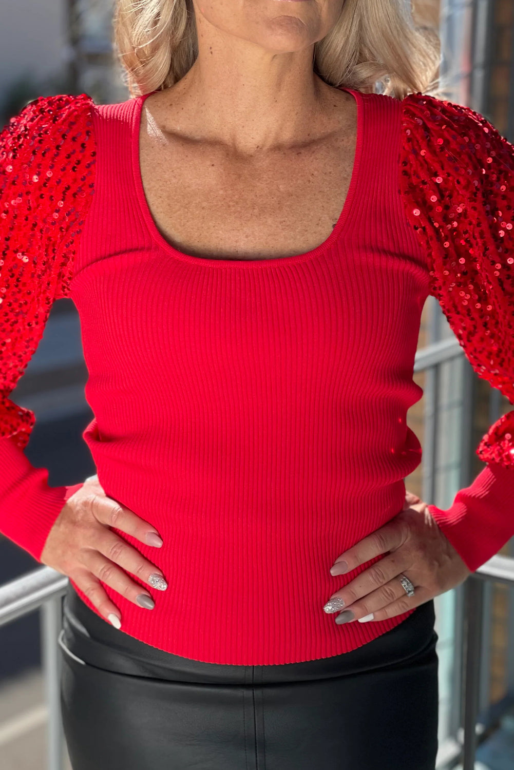 Fiery Red Sequin Sleeve Patchwork Ribbing Knit Square Neck Holiday Sweater-Sweaters & Cardigans/Sweaters-[Adult]-[Female]-2022 Online Blue Zone Planet
