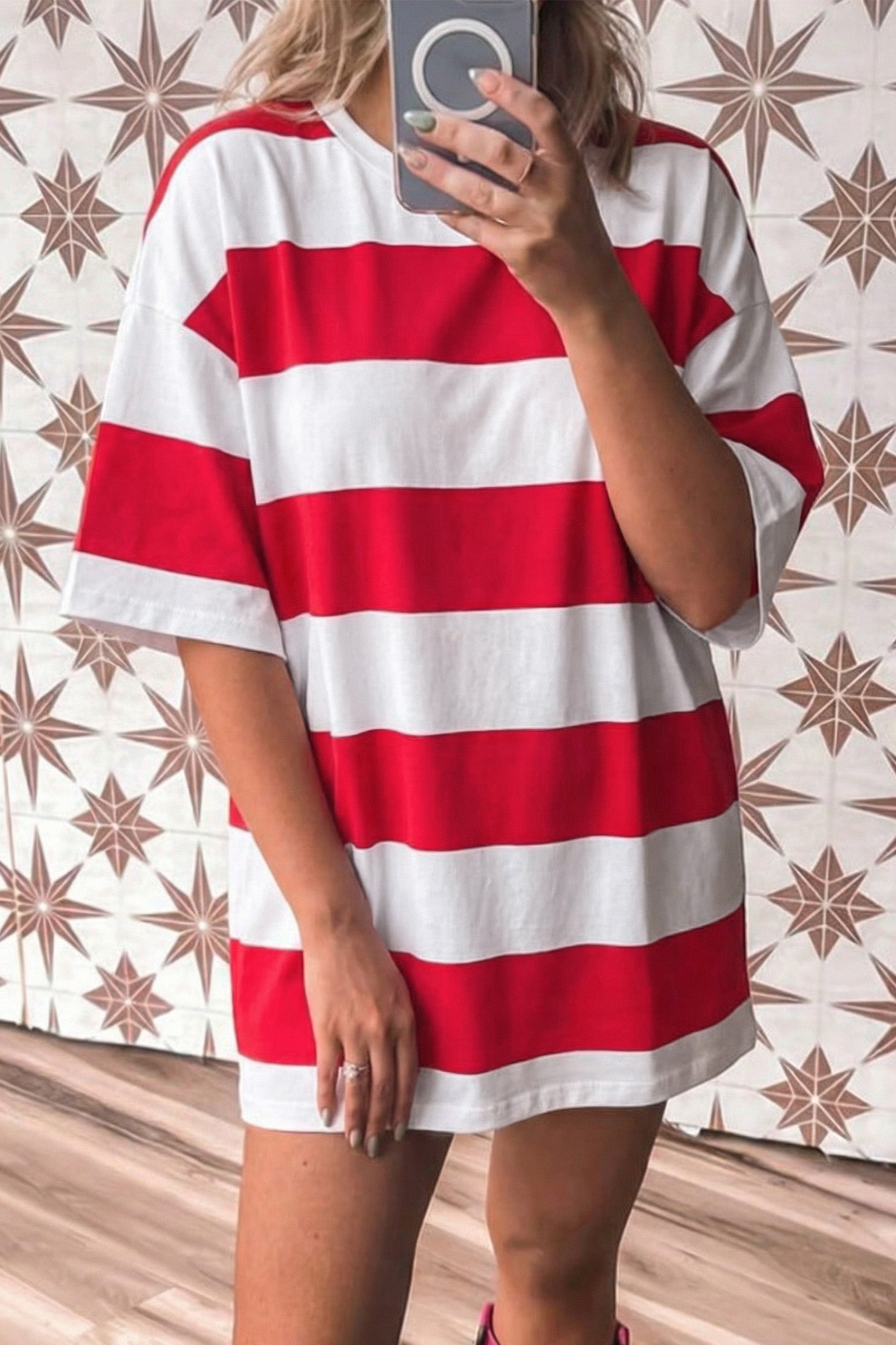 Racing Red Striped Color Block Oversize Tunic Tee-Tops/Tops & Tees-[Adult]-[Female]-Racing Red-S-2022 Online Blue Zone Planet