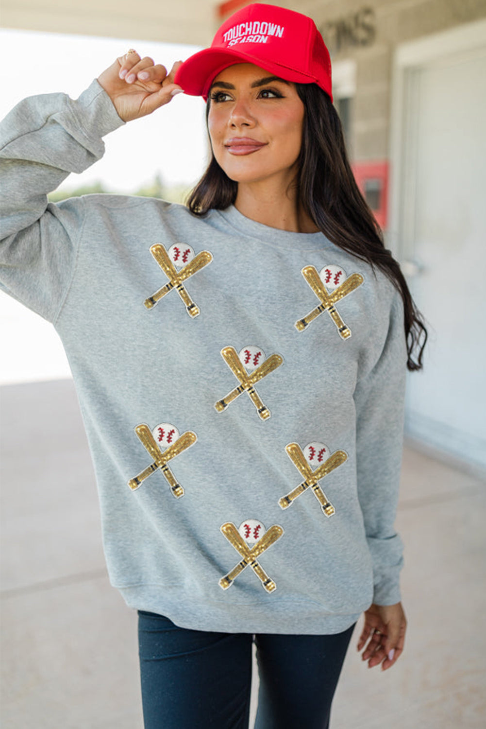 Gray Sequin Baseball Game Day Graphic Casual Sweatshirt-Graphic/Graphic Sweatshirts-[Adult]-[Female]-2022 Online Blue Zone Planet