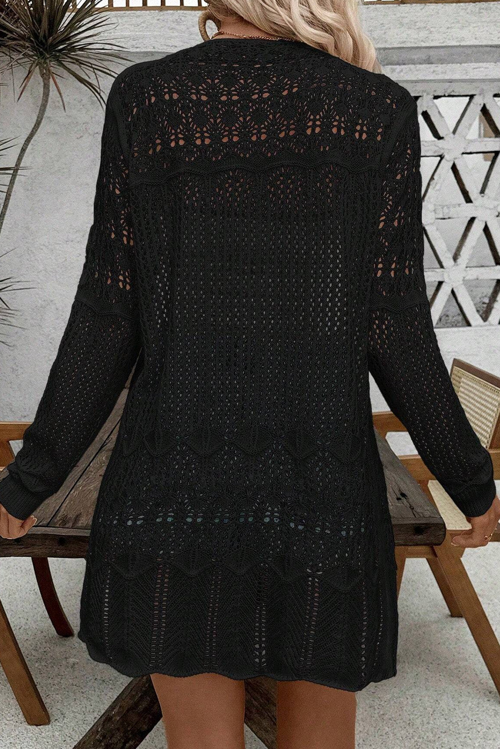 Black Crochet Hollow Out Open Front Cardigan-Sweaters & Cardigans/Cardigans-[Adult]-[Female]-2022 Online Blue Zone Planet