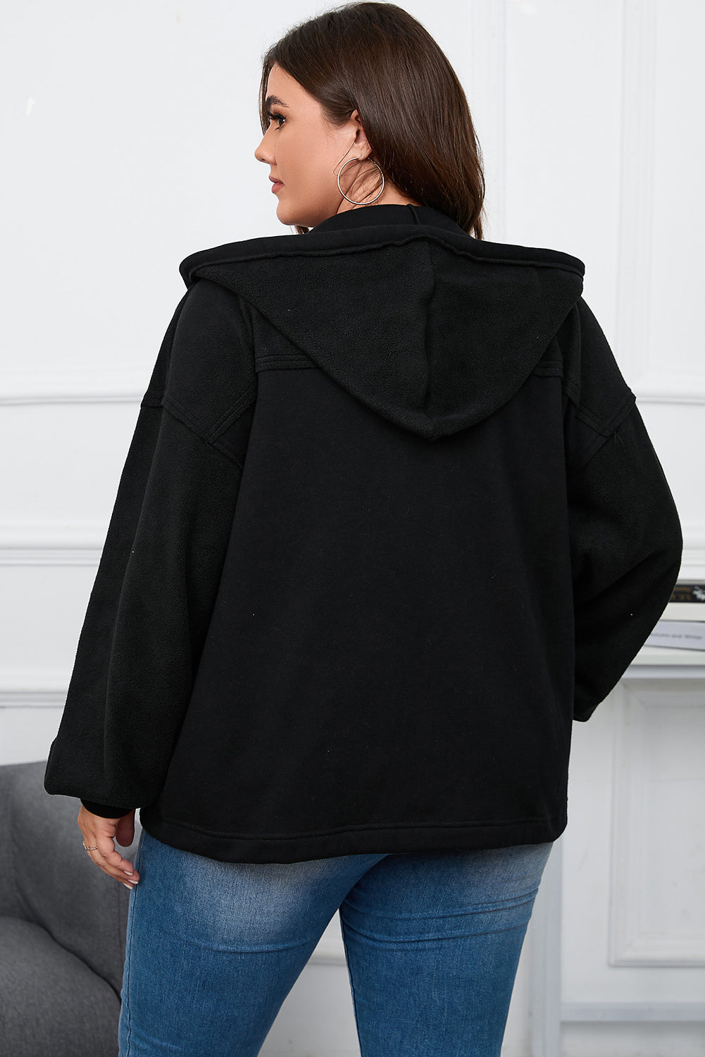 Blue Zone Planet | Black Plus Size Bishop Sleeve Zip Up Hooded Jacket-Plus Size/Plus Size Outerwear-[Adult]-[Female]-2022 Online Blue Zone Planet