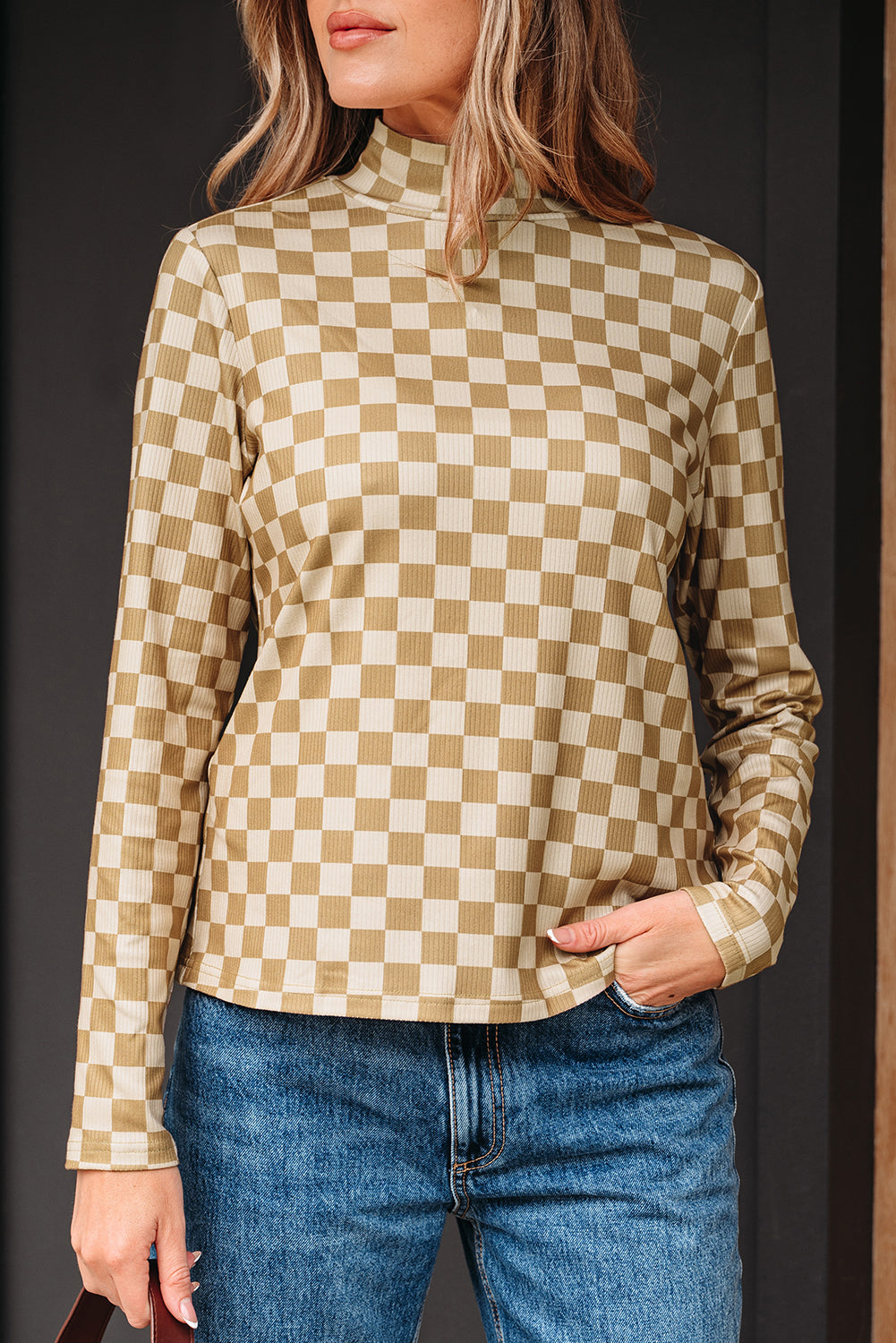 Khaki Check Pattern Turtleneck Ribbed Slim Long Sleeve Tee-Tops/Long Sleeve Tops-[Adult]-[Female]-2022 Online Blue Zone Planet