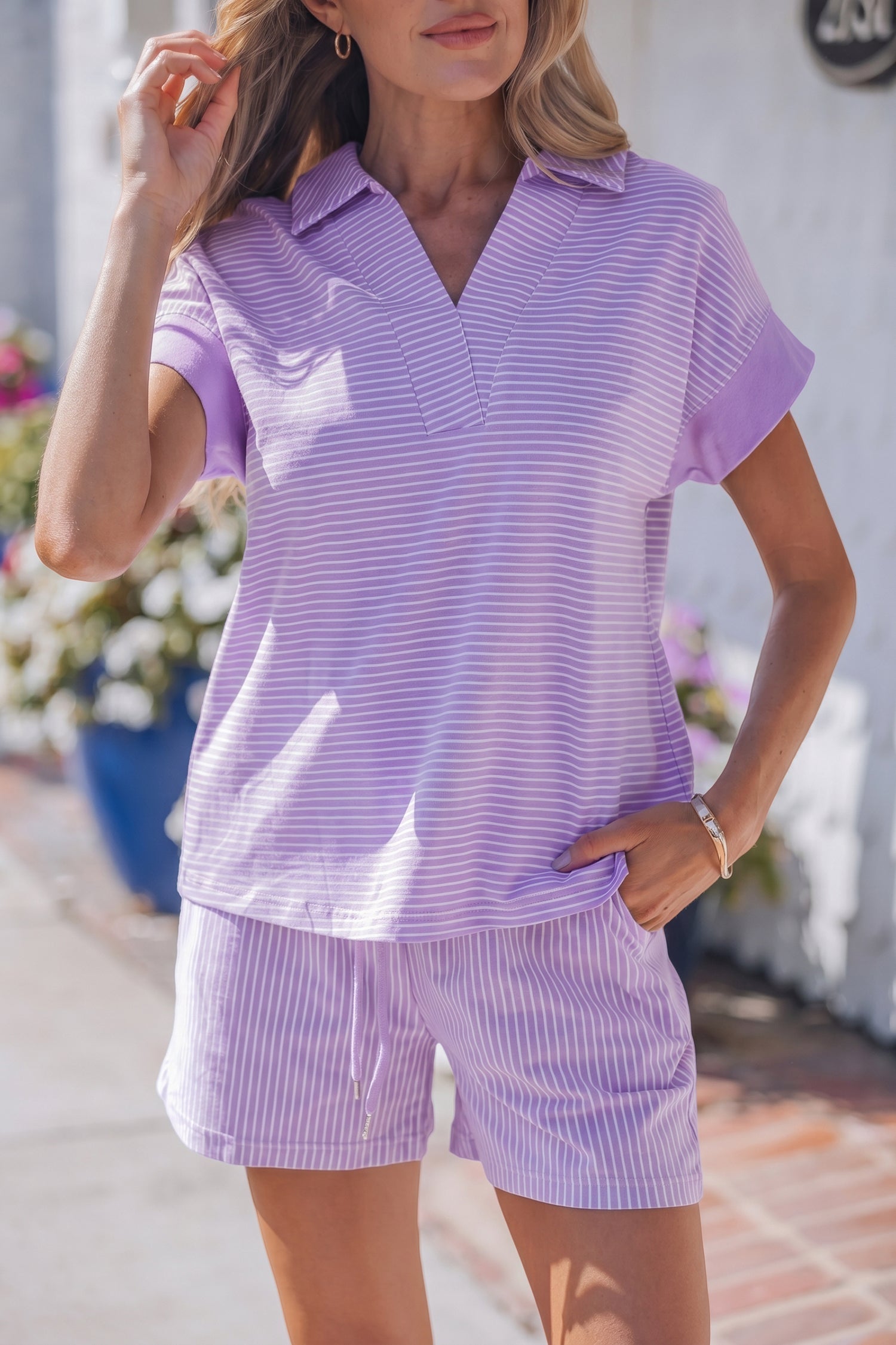 Khaki Stripe Dolman Sleeve Polo Shirt and Drawstring Shorts Set-Two Piece Sets/Short Sets-[Adult]-[Female]-2022 Online Blue Zone Planet