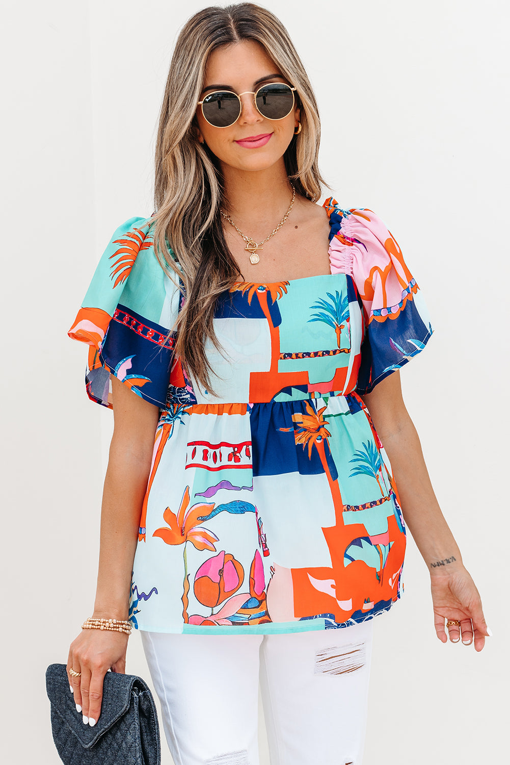 Sky Blue Tropical Printed Square Neck Flutter Sleeve Babydoll Blouse-Tops/Blouses & Shirts-[Adult]-[Female]-2022 Online Blue Zone Planet