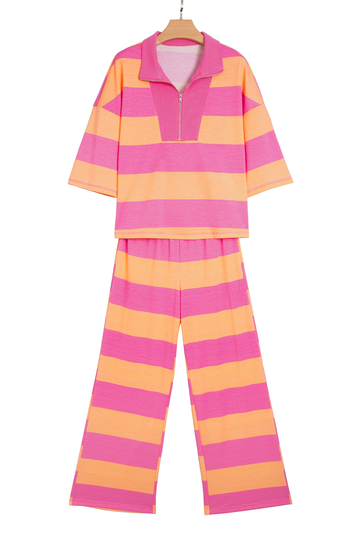 Orange Stripe Colorblock Half Sleeve Top Casual Loose Pants 2pcs Set-Two Piece Sets/Pant Sets-[Adult]-[Female]-2022 Online Blue Zone Planet