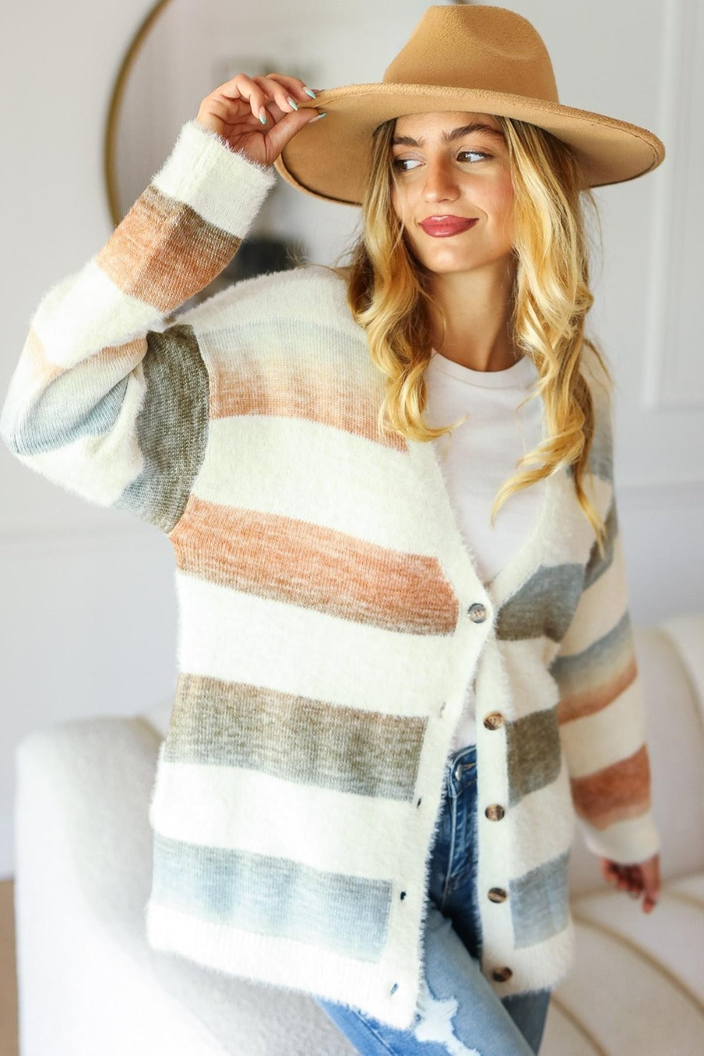 Haptics Full Size Button Down Stripe Soft Fuzzy Sweater Cardigan-TOPS / DRESSES-[Adult]-[Female]-Ivory/Rust/Olive-S-2022 Online Blue Zone Planet