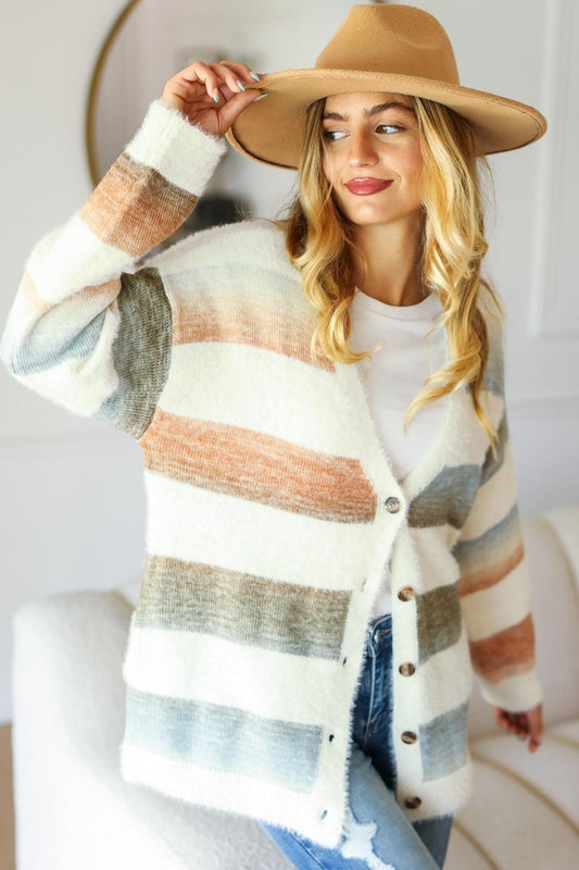 Haptics Full Size Button Down Stripe Soft Fuzzy Sweater Cardigan-TOPS / DRESSES-[Adult]-[Female]-Ivory/Rust/Olive-S-2022 Online Blue Zone Planet