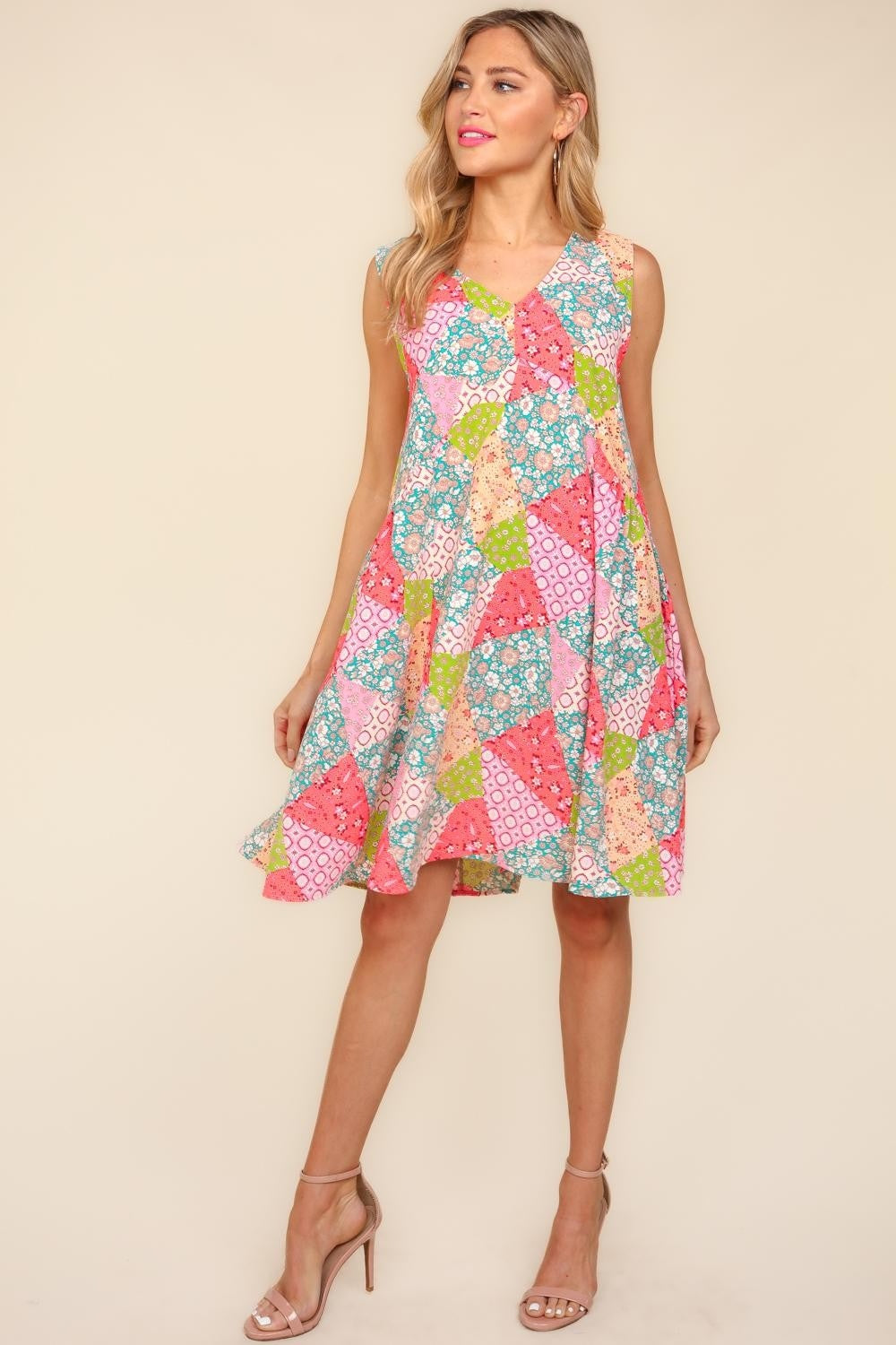 Blue Zone Planet | Haptics Full Size Babydoll Floral Patchwork Dress Peach/Sage / 2XL by Blue Zone Planet