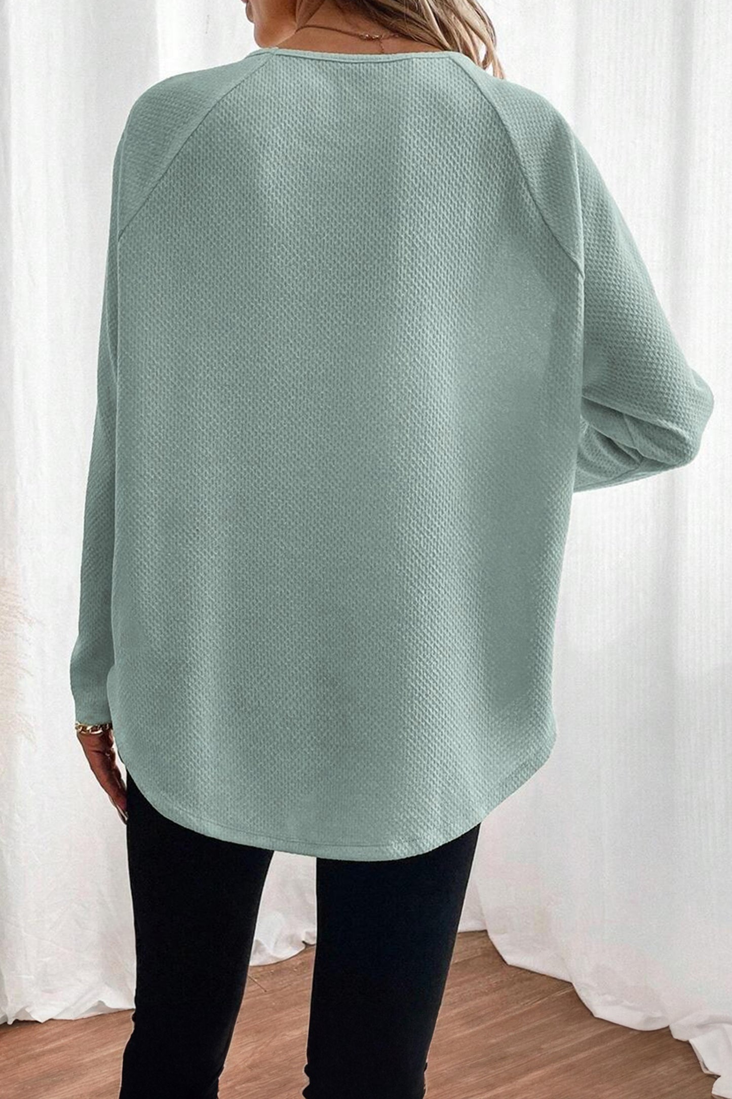 Moonlight Jade Textured Raglan Sleeve Knit Loose Top-Tops/Long Sleeve Tops-[Adult]-[Female]-2022 Online Blue Zone Planet